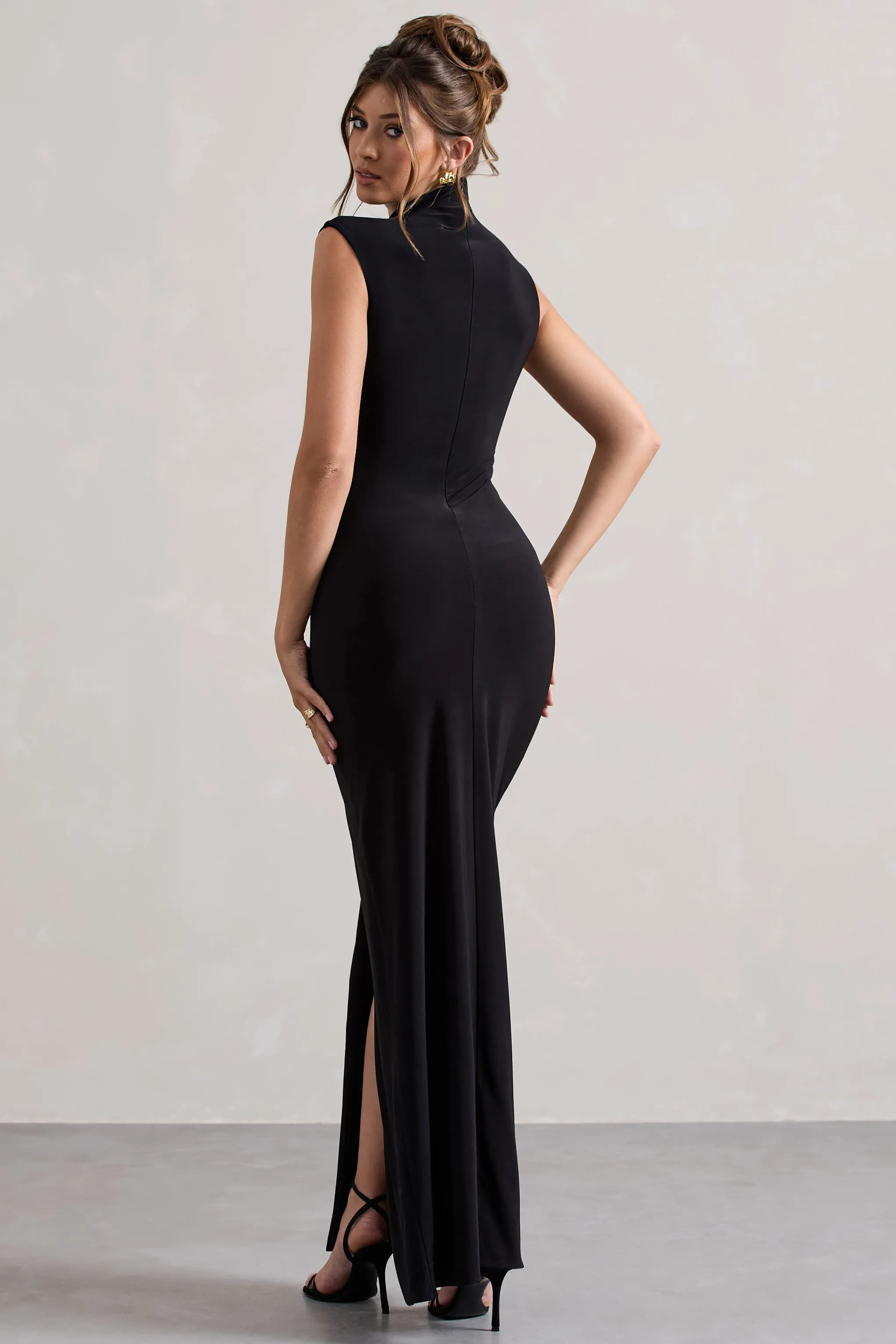 Lanetta | Black Ruched High-Neck Maxi Dress With Split Club L London