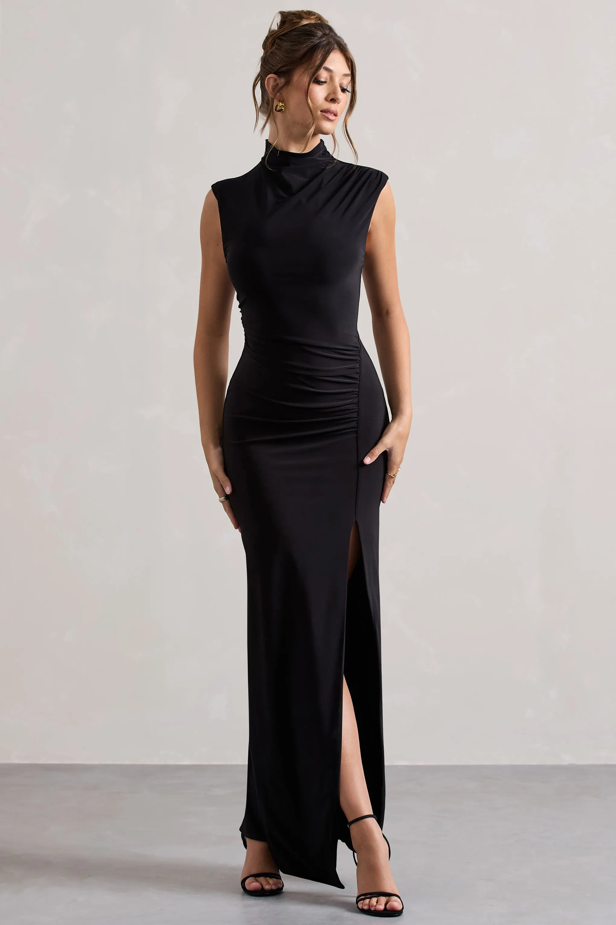 Lanetta | Black Ruched High-Neck Maxi Dress With Split Club L London