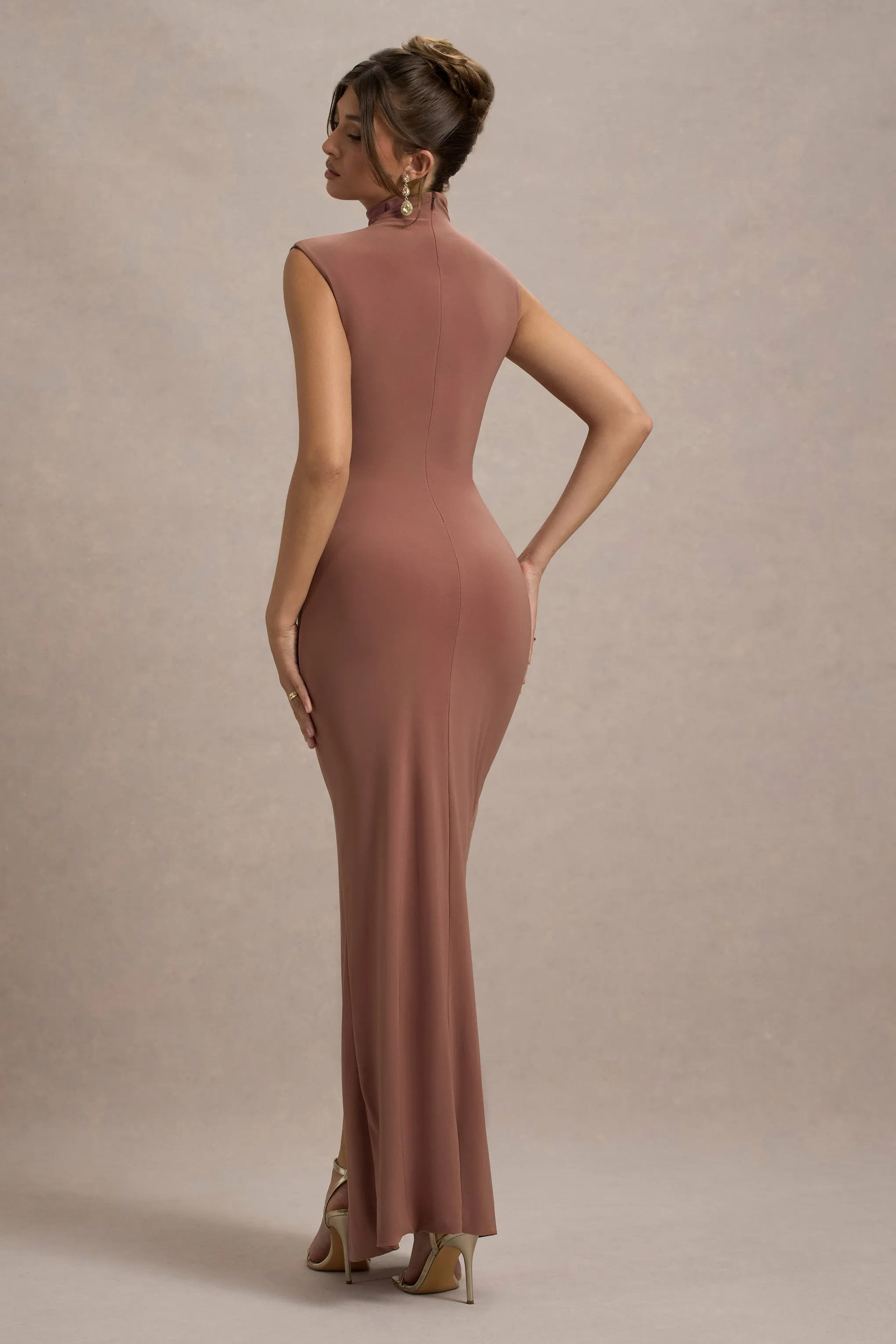 Lanetta | Chestnut Brown Ruched High-Neck Maxi Dress With Split Club L London