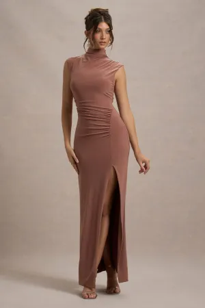 Lanetta | Chestnut Brown Ruched High-Neck Maxi Dress With Split Club L London