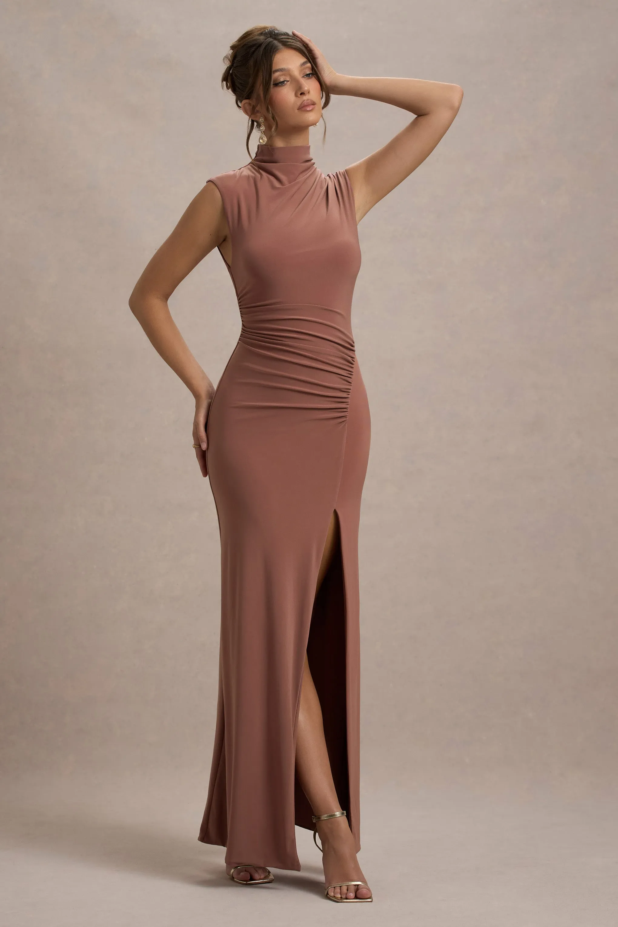 Lanetta | Chestnut Brown Ruched High-Neck Maxi Dress With Split Club L London