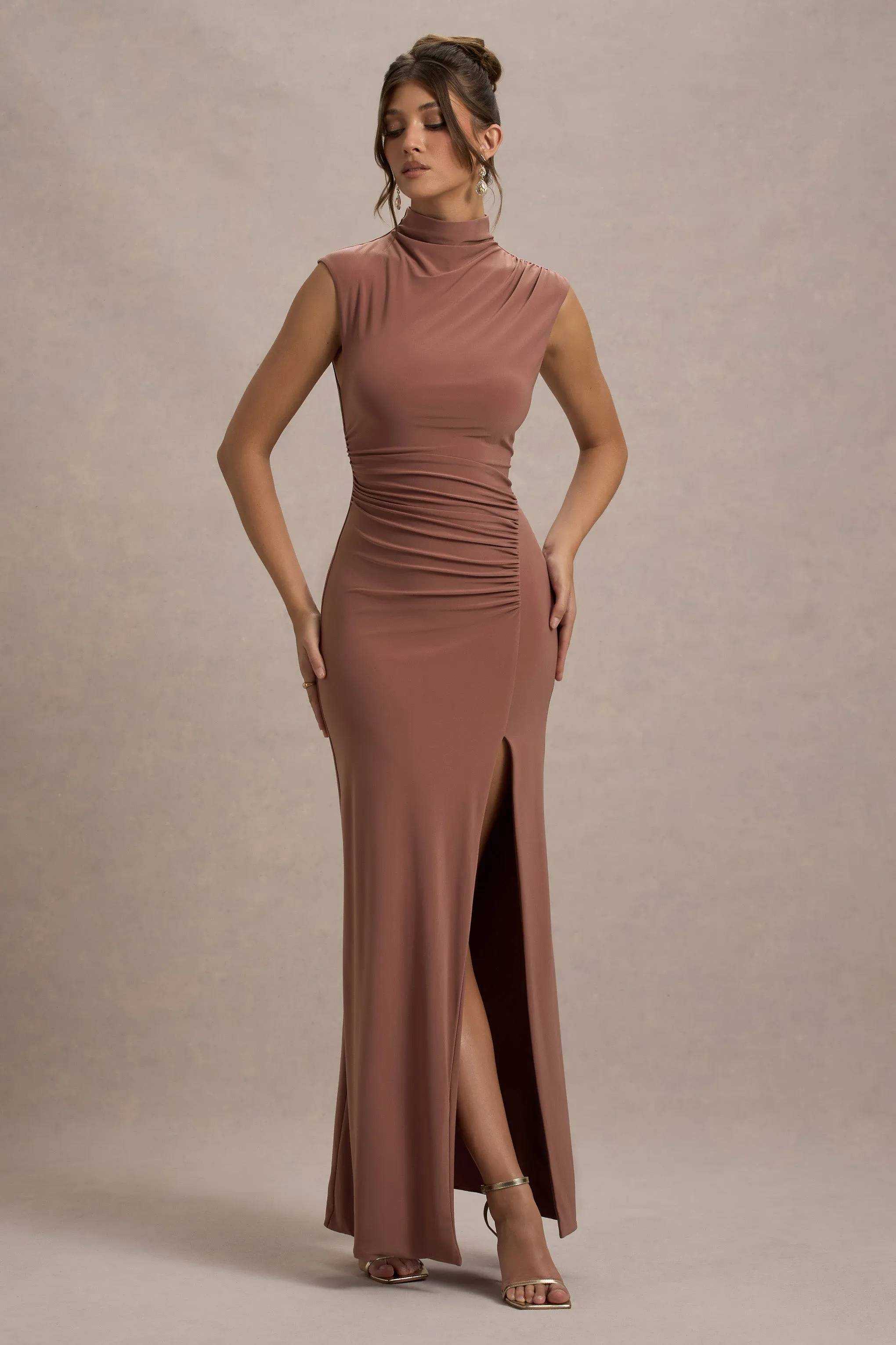 Lanetta | Chestnut Brown Ruched High-Neck Maxi Dress With Split Club L London
