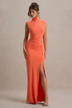 Lanetta | Coral Ruched High-Neck Maxi Dress With Split Club L London