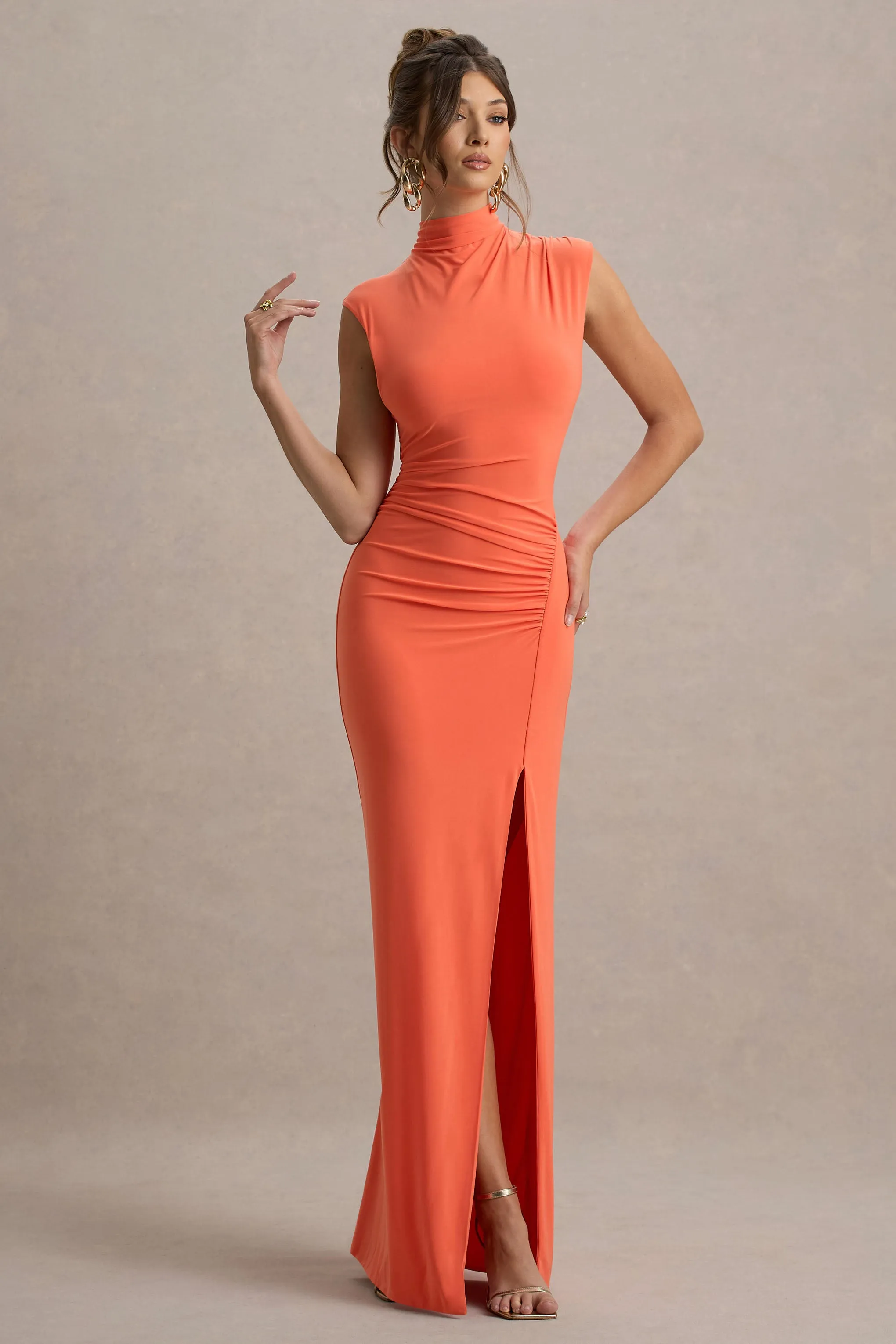 Lanetta | Coral Ruched High-Neck Maxi Dress With Split Club L London