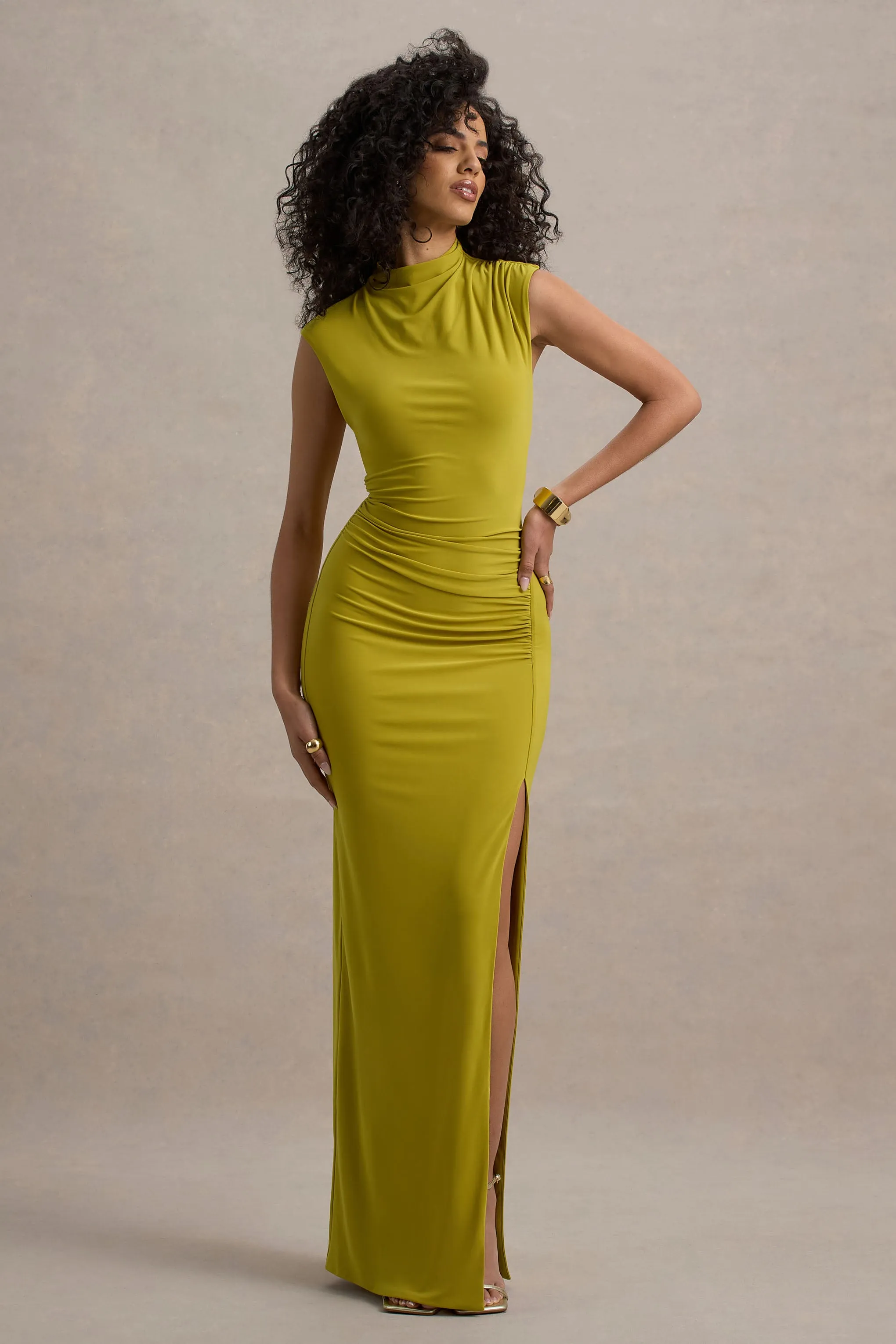Lanetta | Green Ruched High-Neck Maxi Dress With Split Club L London