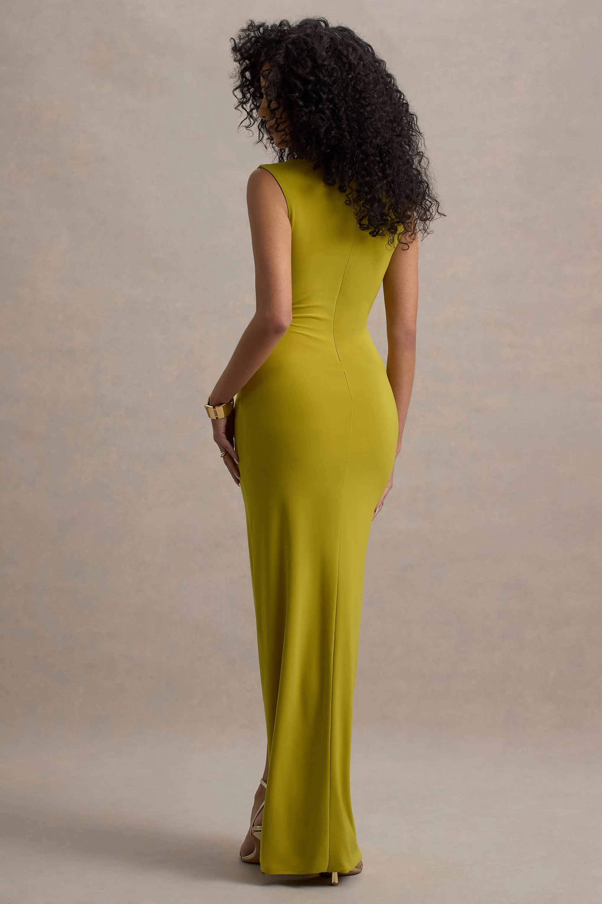 Lanetta | Green Ruched High-Neck Maxi Dress With Split Club L London