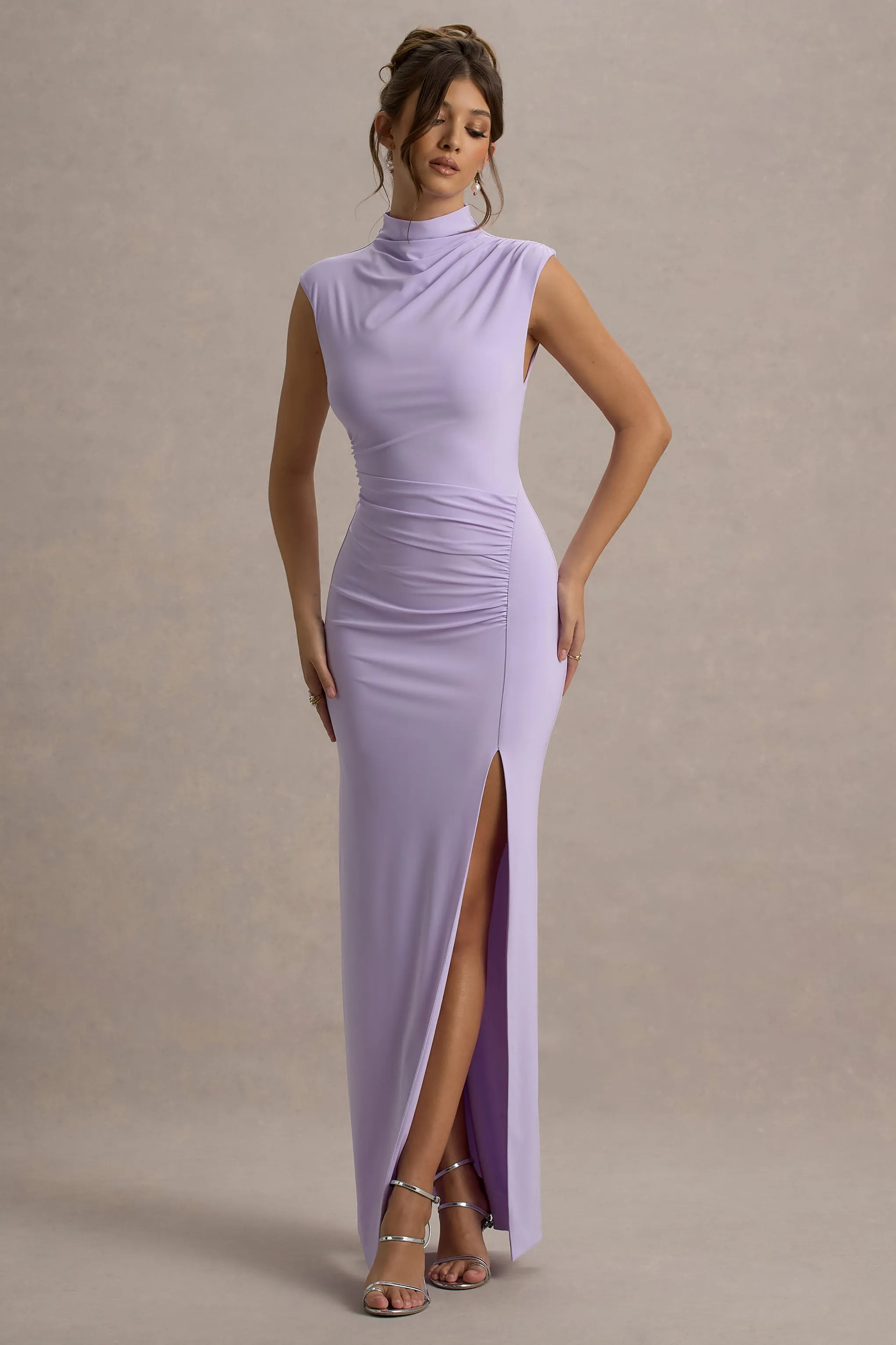 Lanetta | Lilac Ruched High-Neck Maxi Dress With Split Club L London