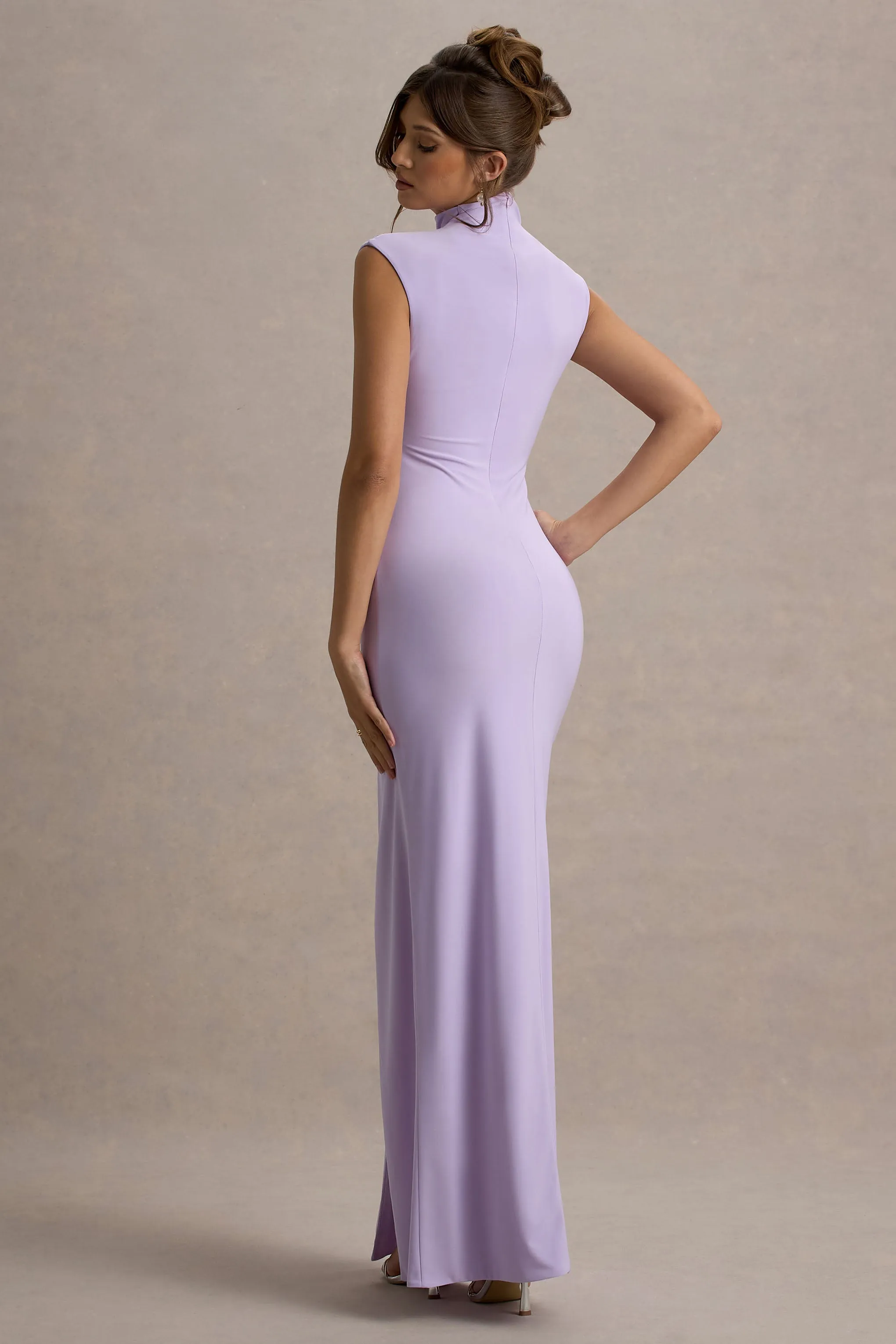 Lanetta | Lilac Ruched High-Neck Maxi Dress With Split Club L London