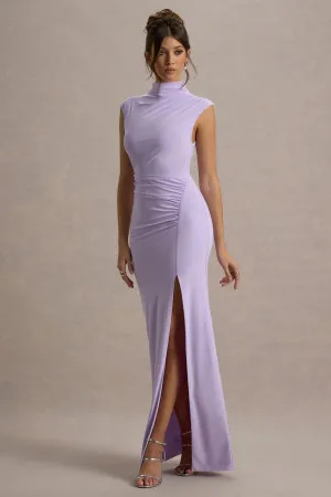 Lanetta | Lilac Ruched High-Neck Maxi Dress With Split Club L London