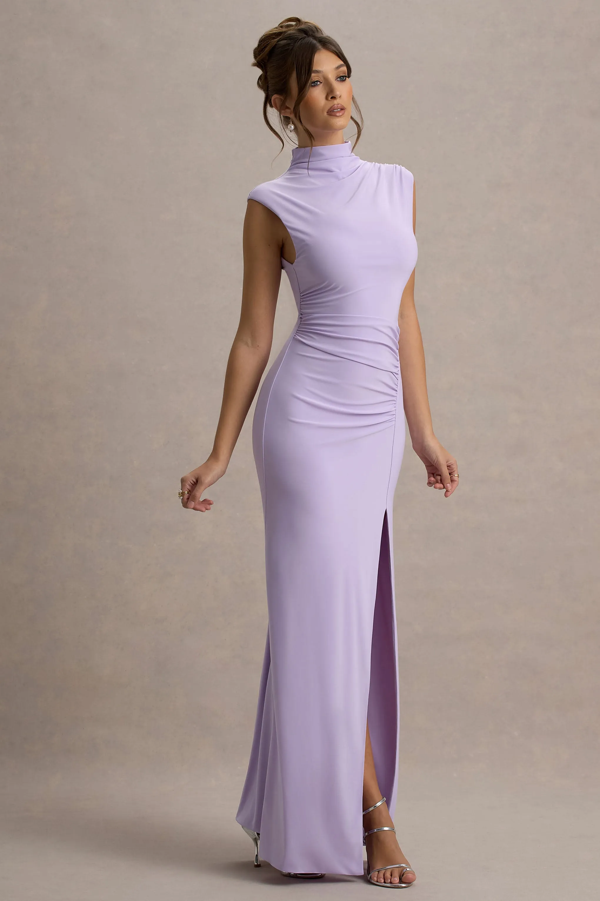 Lanetta | Lilac Ruched High-Neck Maxi Dress With Split Club L London