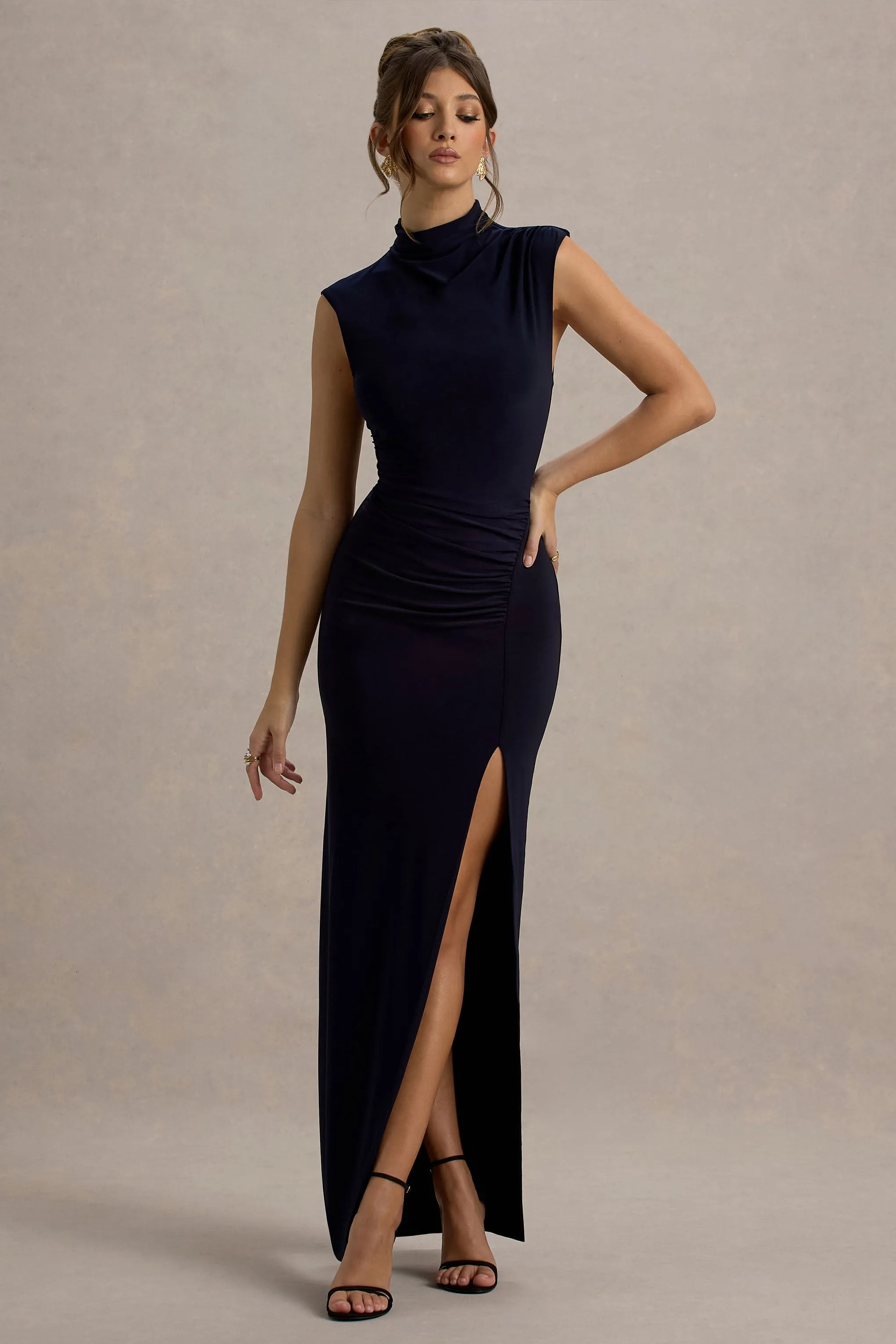 Lanetta | Navy Ruched High-Neck Maxi Dress With Split Club L London