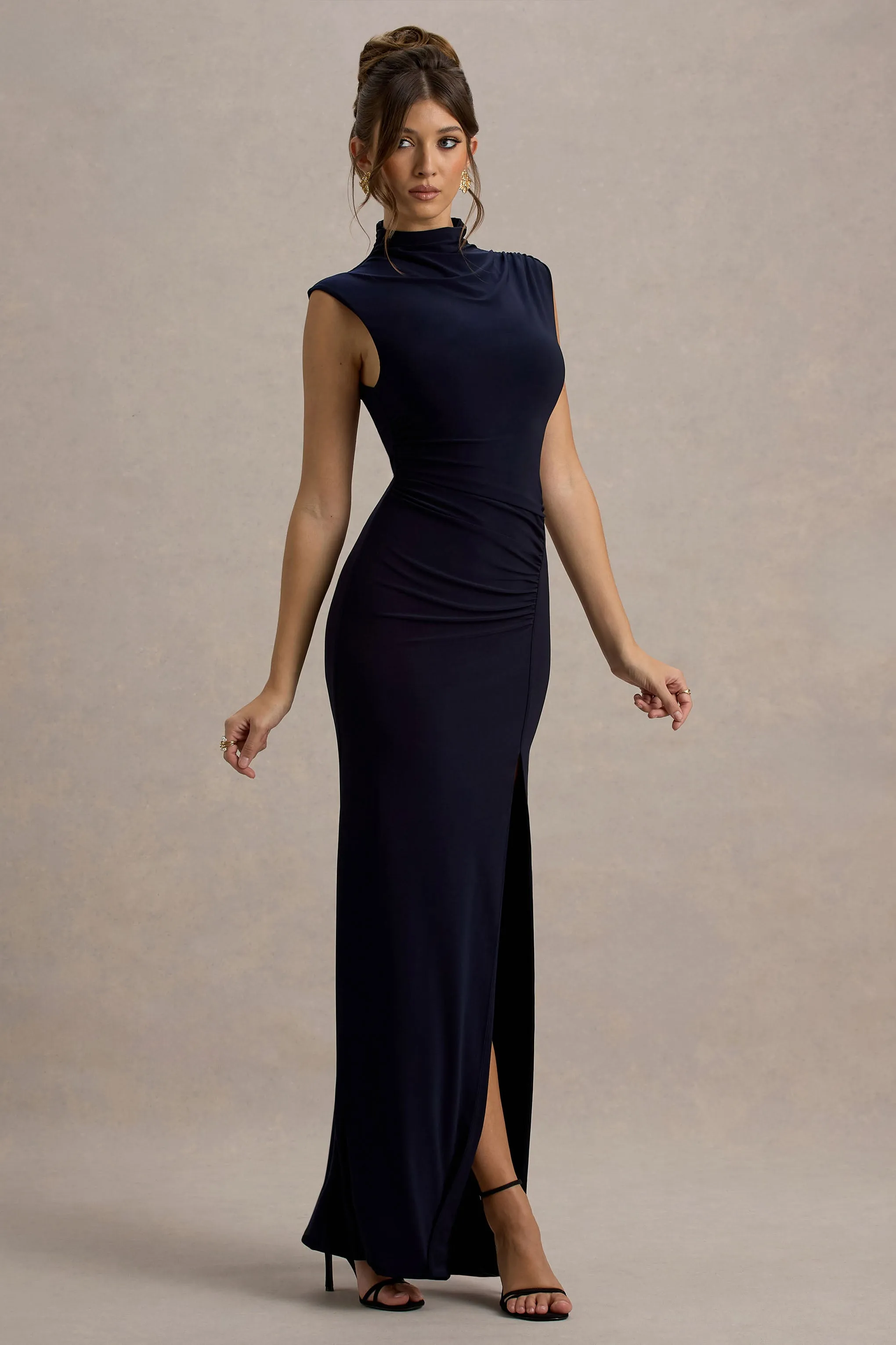 Lanetta | Navy Ruched High-Neck Maxi Dress With Split Club L London