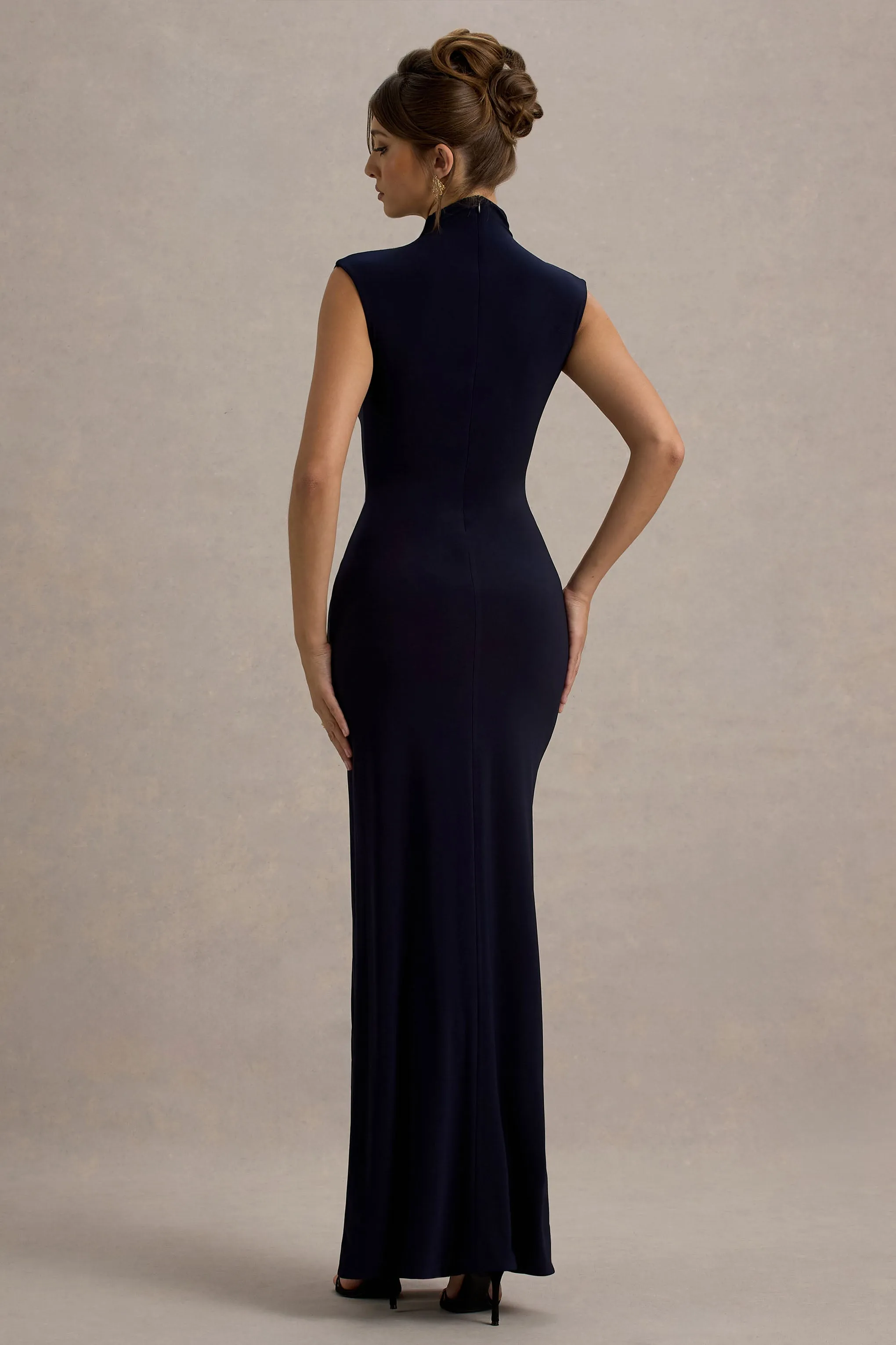 Lanetta | Navy Ruched High-Neck Maxi Dress With Split Club L London