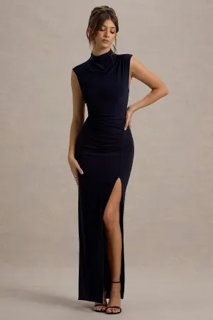 Lanetta | Navy Ruched High-Neck Maxi Dress With Split Club L London