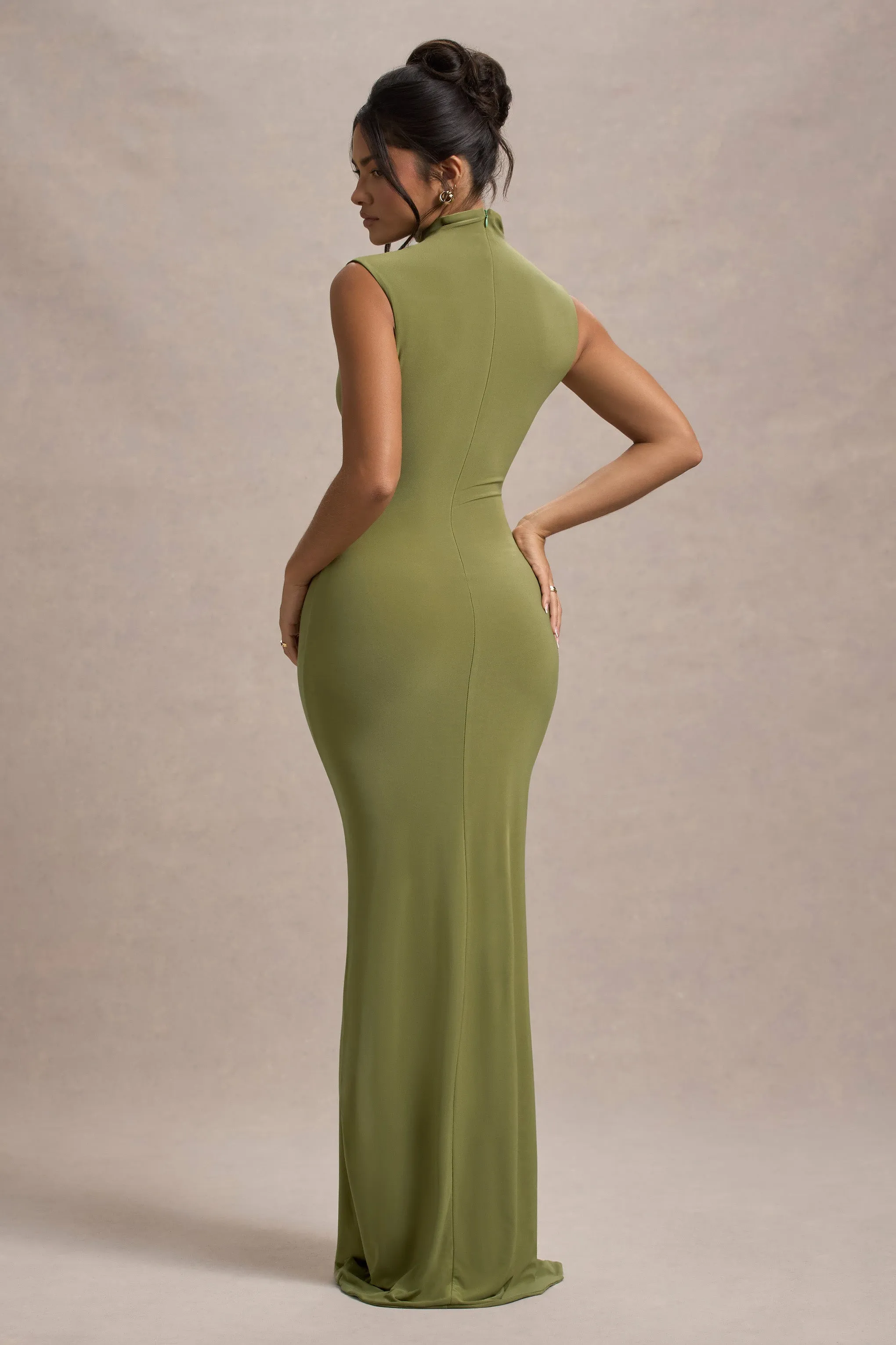 Lanetta | Olive Ruched High-Neck Maxi Dress With Split Club L London