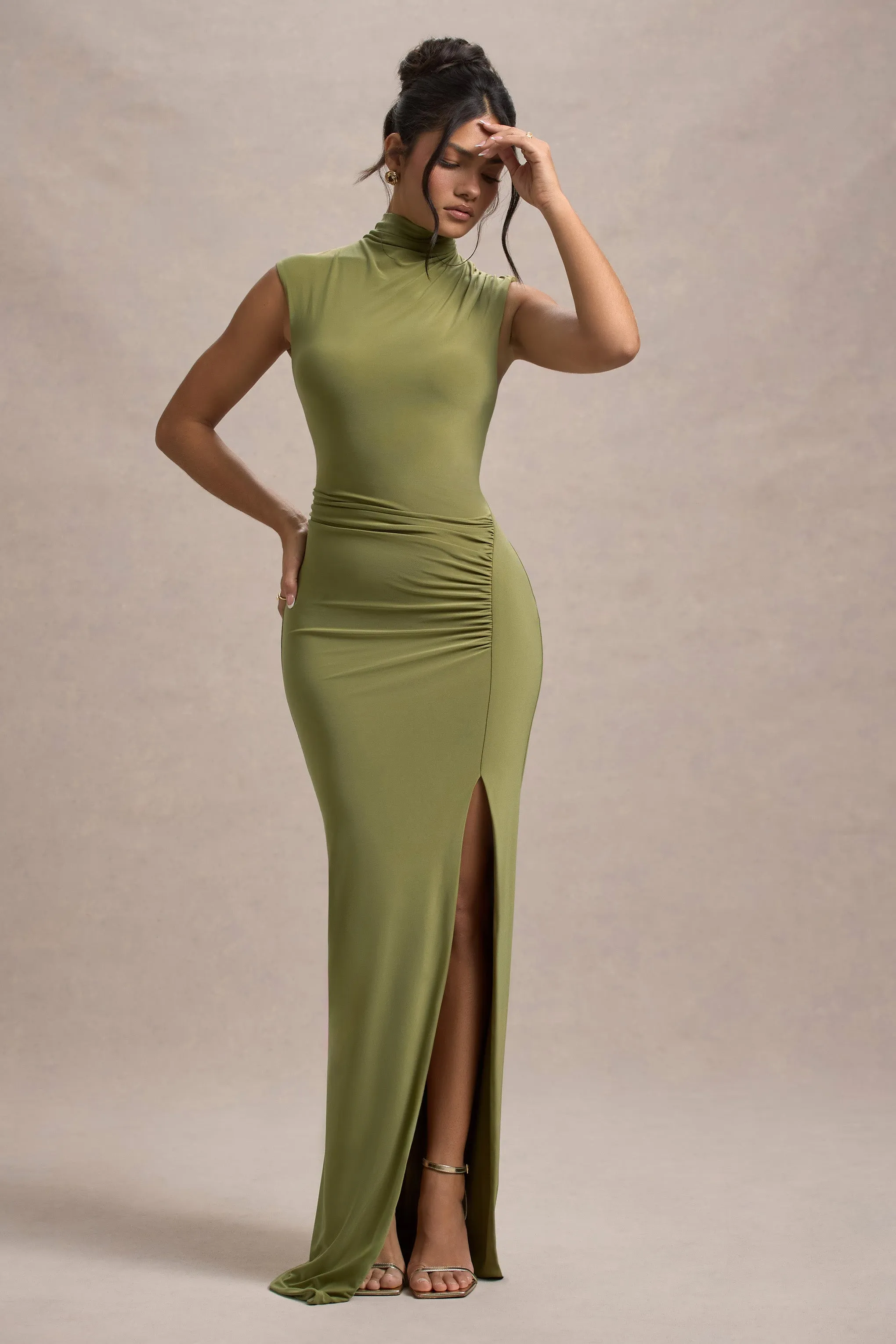 Lanetta | Olive Ruched High-Neck Maxi Dress With Split Club L London