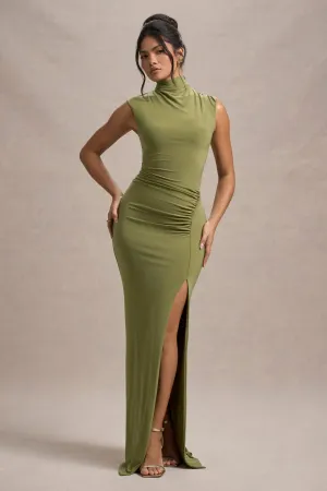 Lanetta | Olive Ruched High-Neck Maxi Dress With Split Club L London