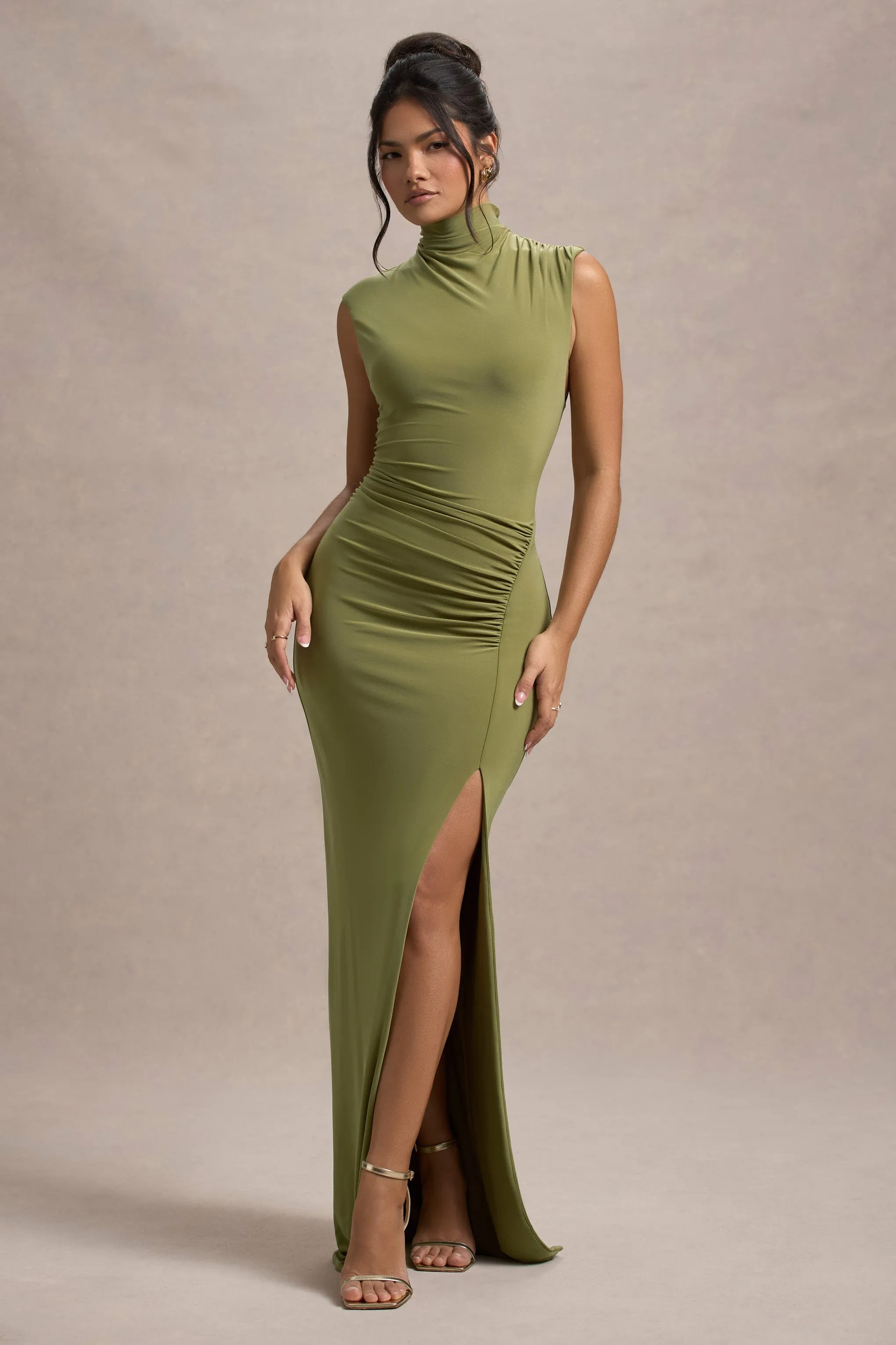 Lanetta | Olive Ruched High-Neck Maxi Dress With Split Club L London