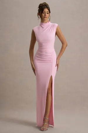 Lanetta | Pink Ruched High-Neck Maxi Dress With Split Club L London