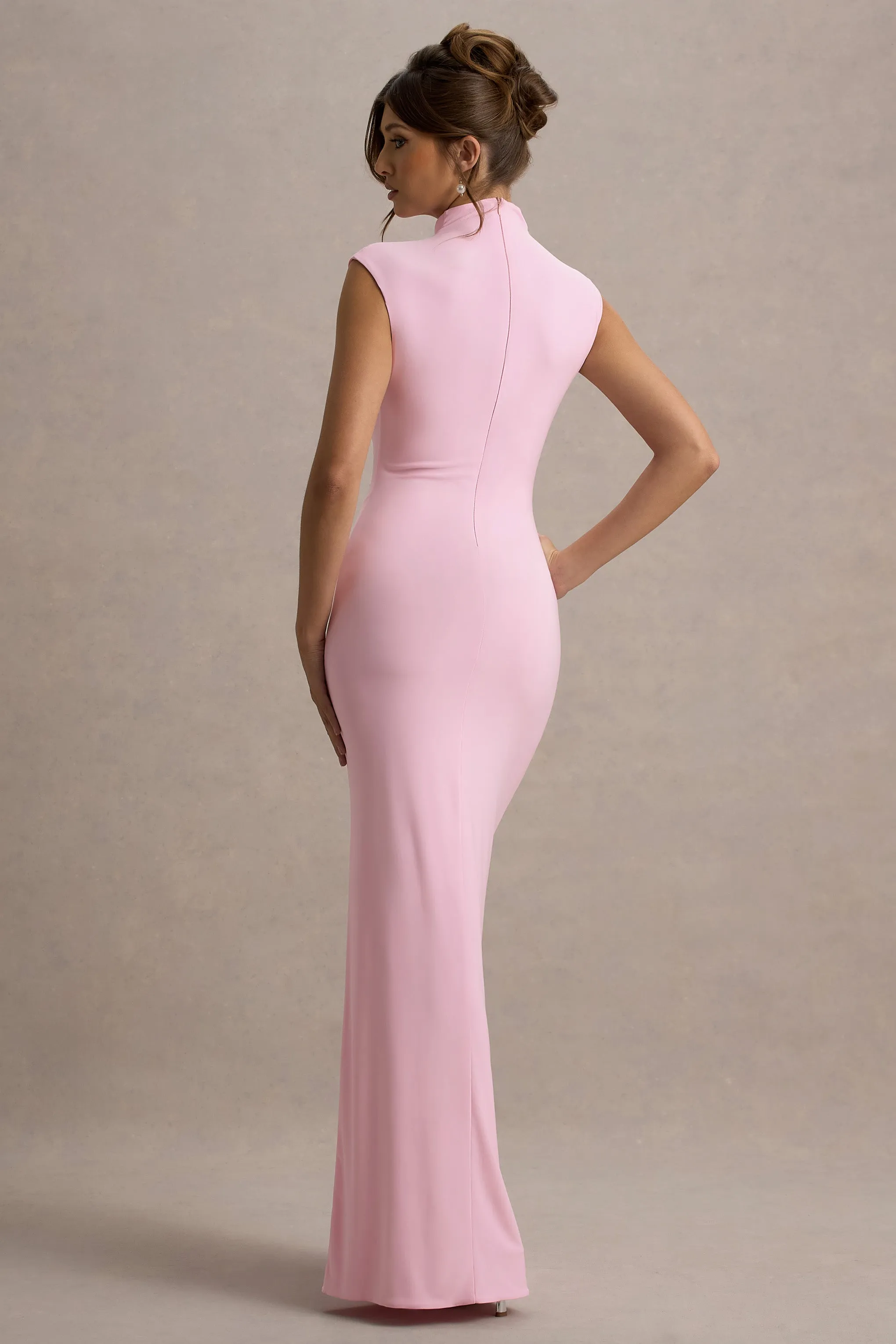Lanetta | Pink Ruched High-Neck Maxi Dress With Split Club L London