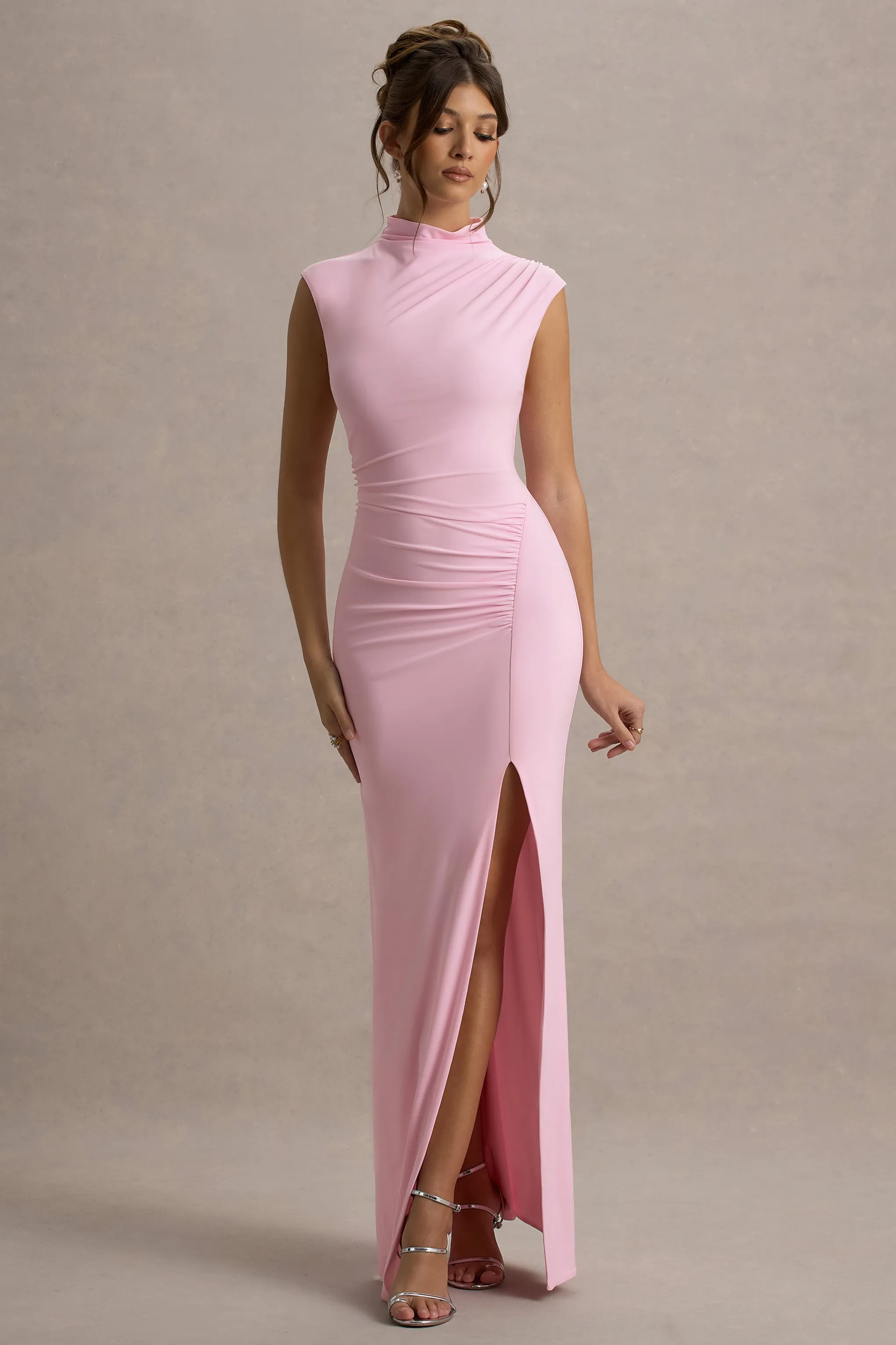Lanetta | Pink Ruched High-Neck Maxi Dress With Split Club L London
