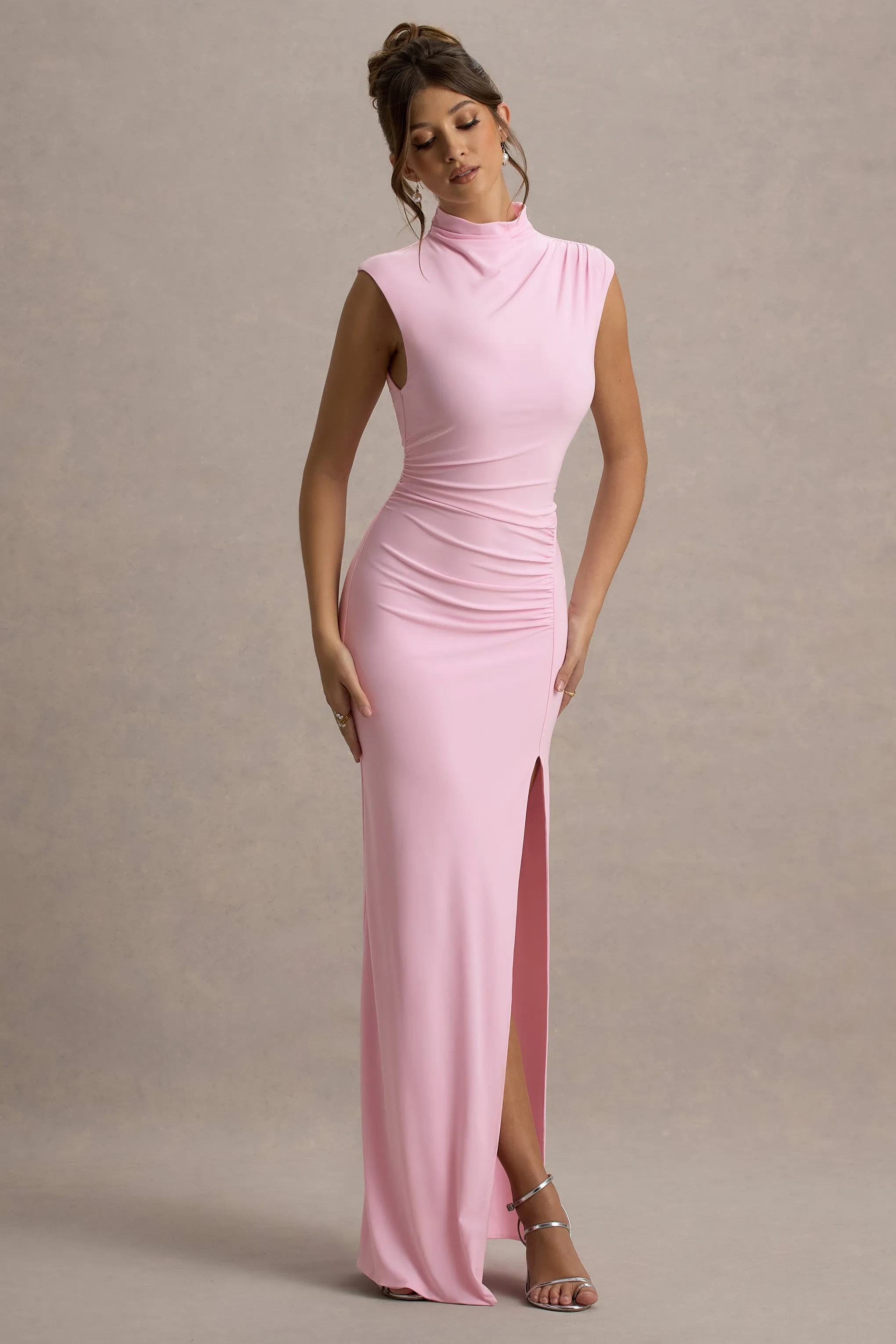 Lanetta | Pink Ruched High-Neck Maxi Dress With Split Club L London
