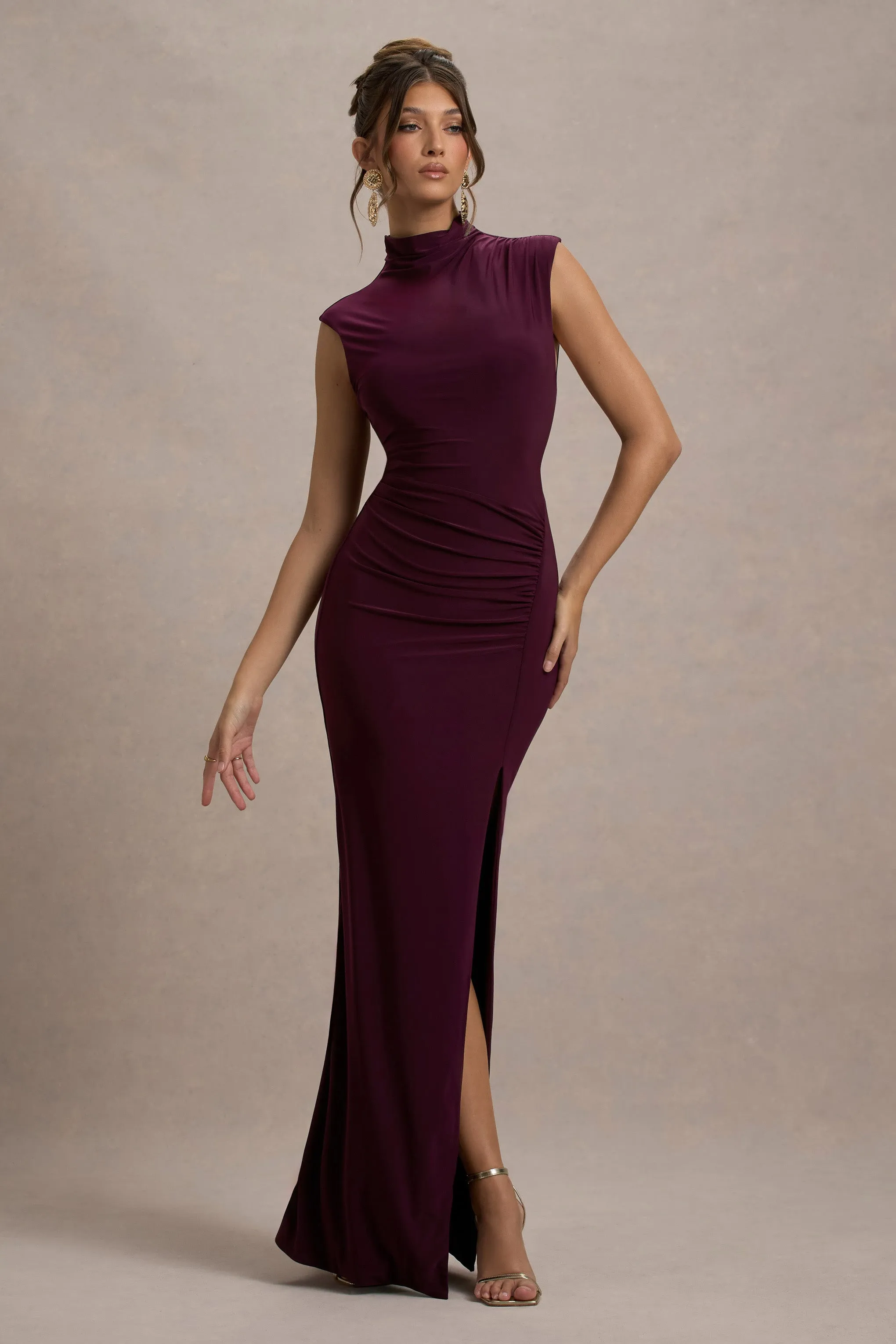 Lanetta | Plum Ruched High-Neck Maxi Dress With Split Club L London