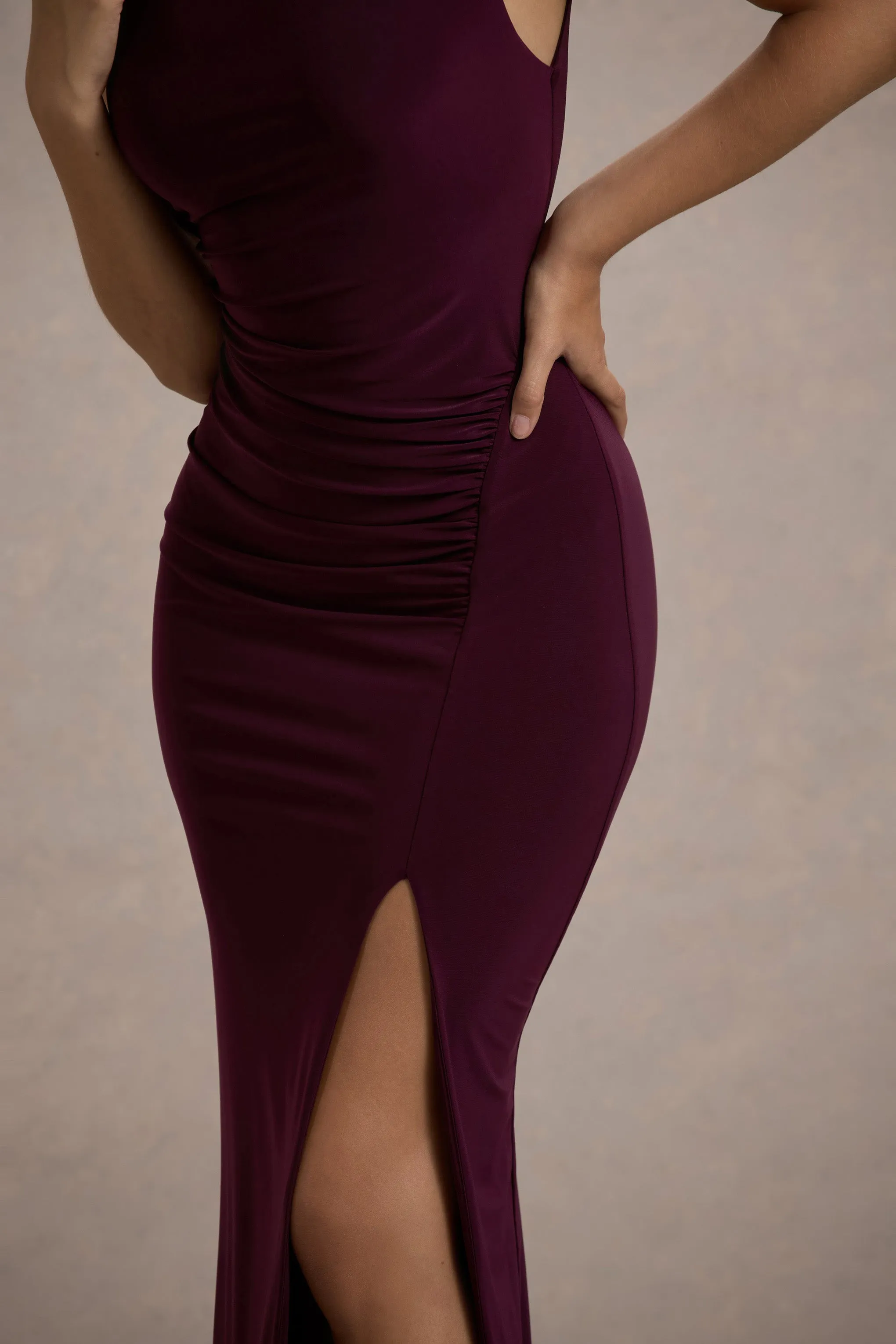 Lanetta | Plum Ruched High-Neck Maxi Dress With Split Club L London