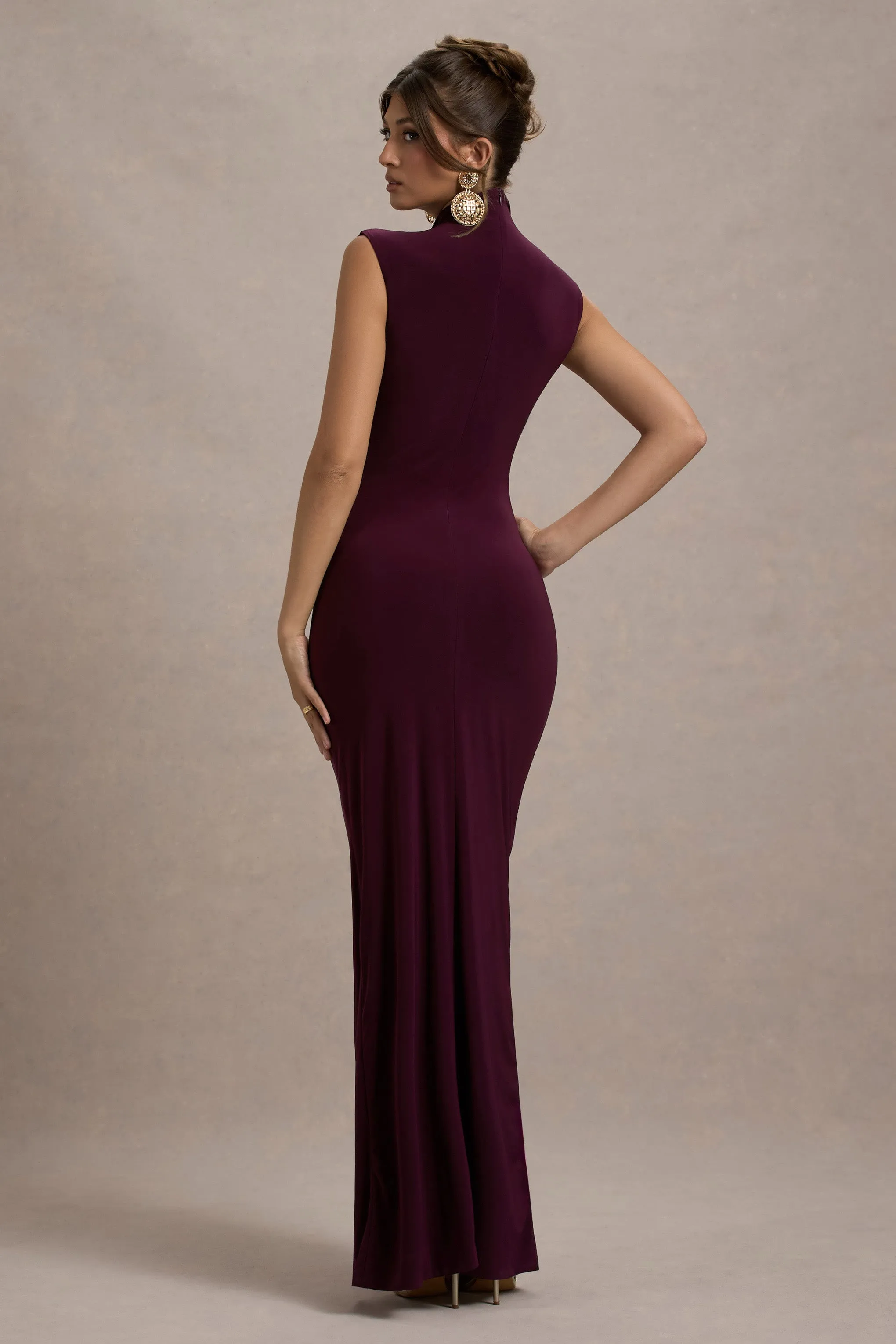 Lanetta | Plum Ruched High-Neck Maxi Dress With Split Club L London