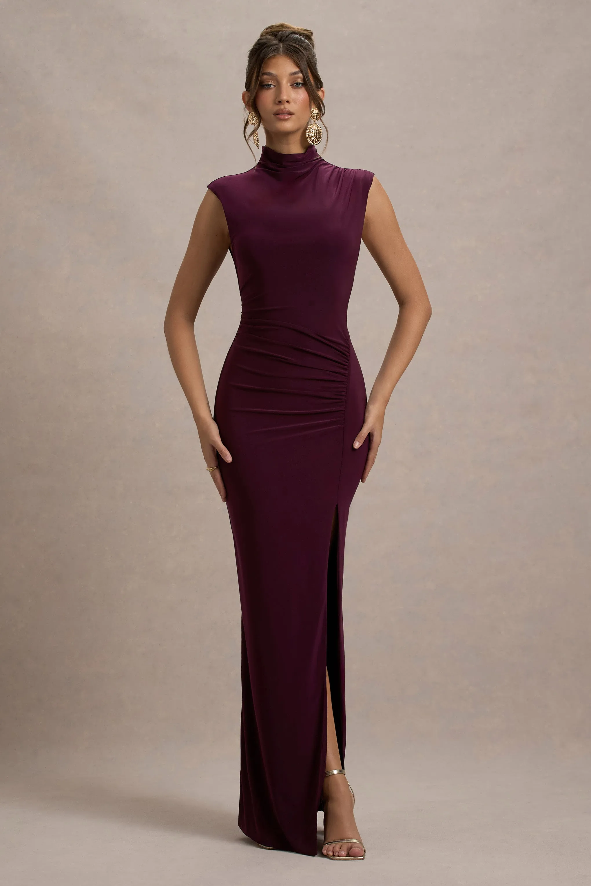 Lanetta | Plum Ruched High-Neck Maxi Dress With Split Club L London