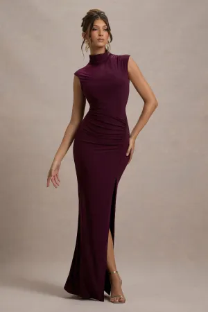 Lanetta | Plum Ruched High-Neck Maxi Dress With Split Club L London
