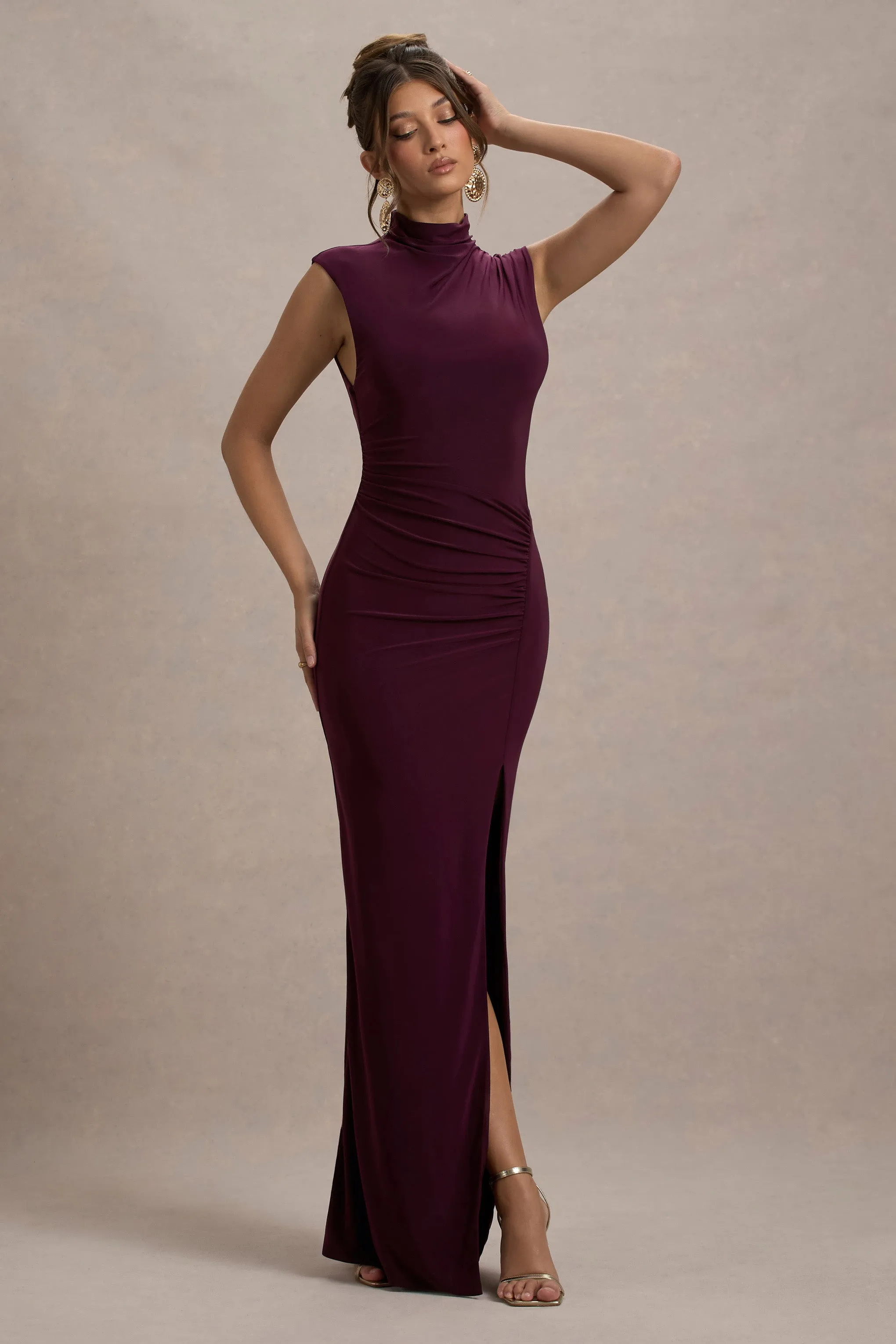 Lanetta | Plum Ruched High-Neck Maxi Dress With Split Club L London