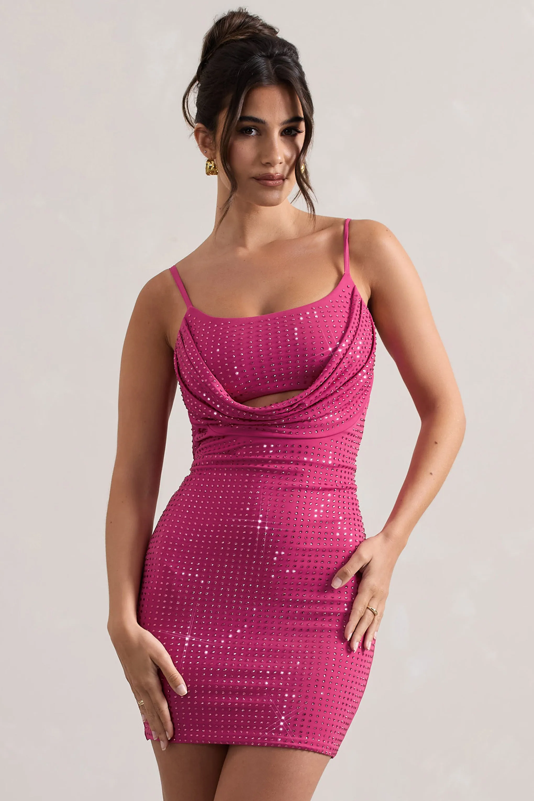 Last Dance | Dark Pink Embellished Strappy Cowl-Neck Mini Dress Club L London