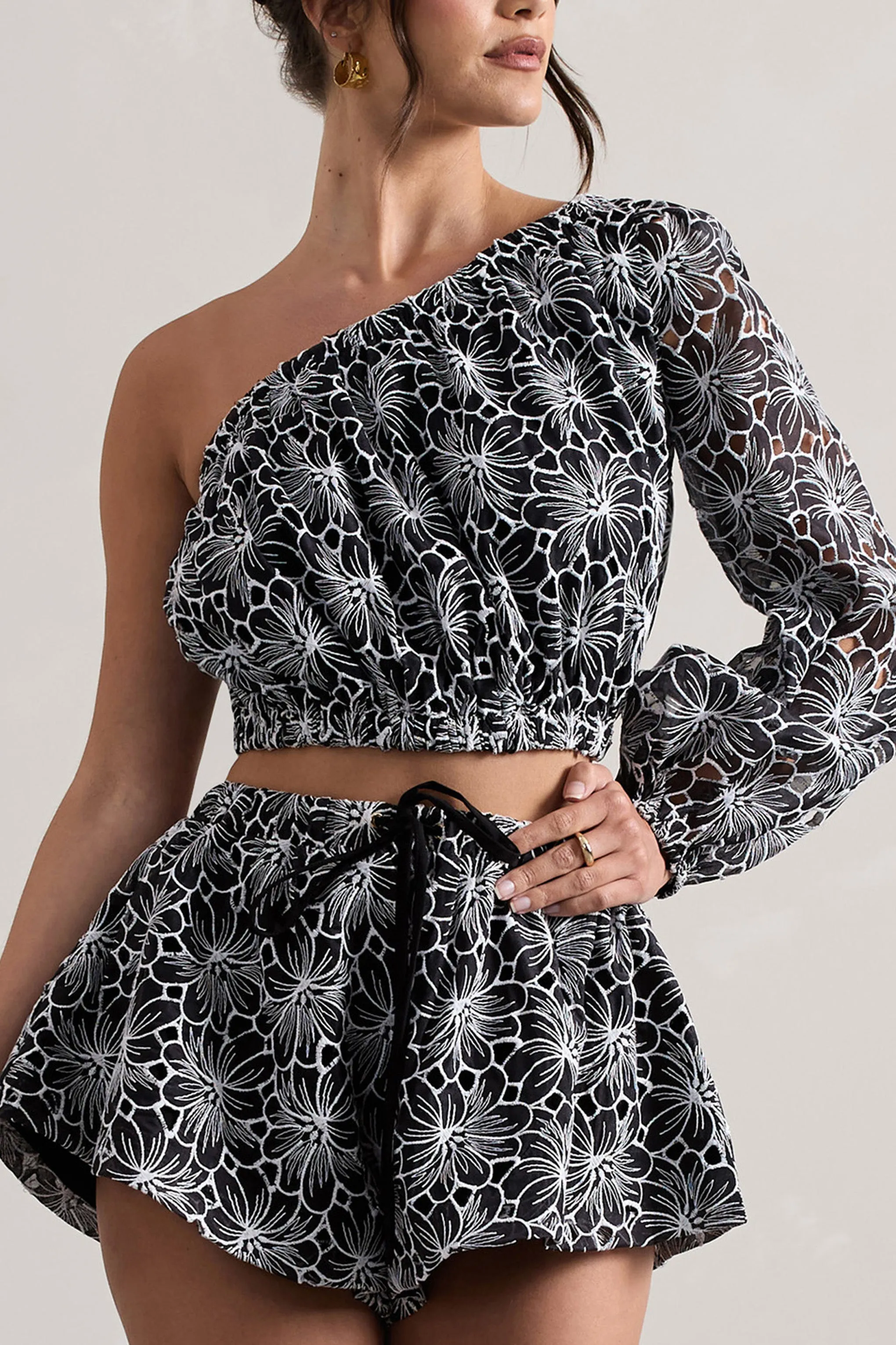 Last Request | Black Lace Asymmetric One-Sleeve Crop-Top Club L London