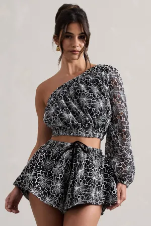 Last Request | Black Lace Asymmetric One-Sleeve Crop-Top Club L London
