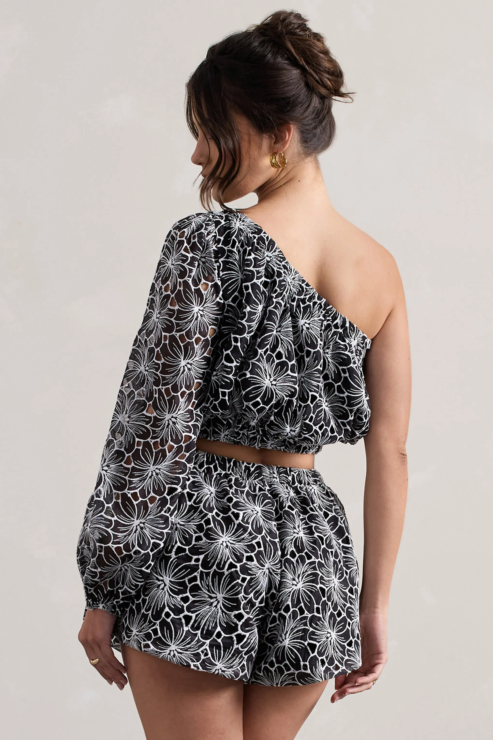 Last Request | Black Lace Asymmetric One-Sleeve Crop-Top Club L London