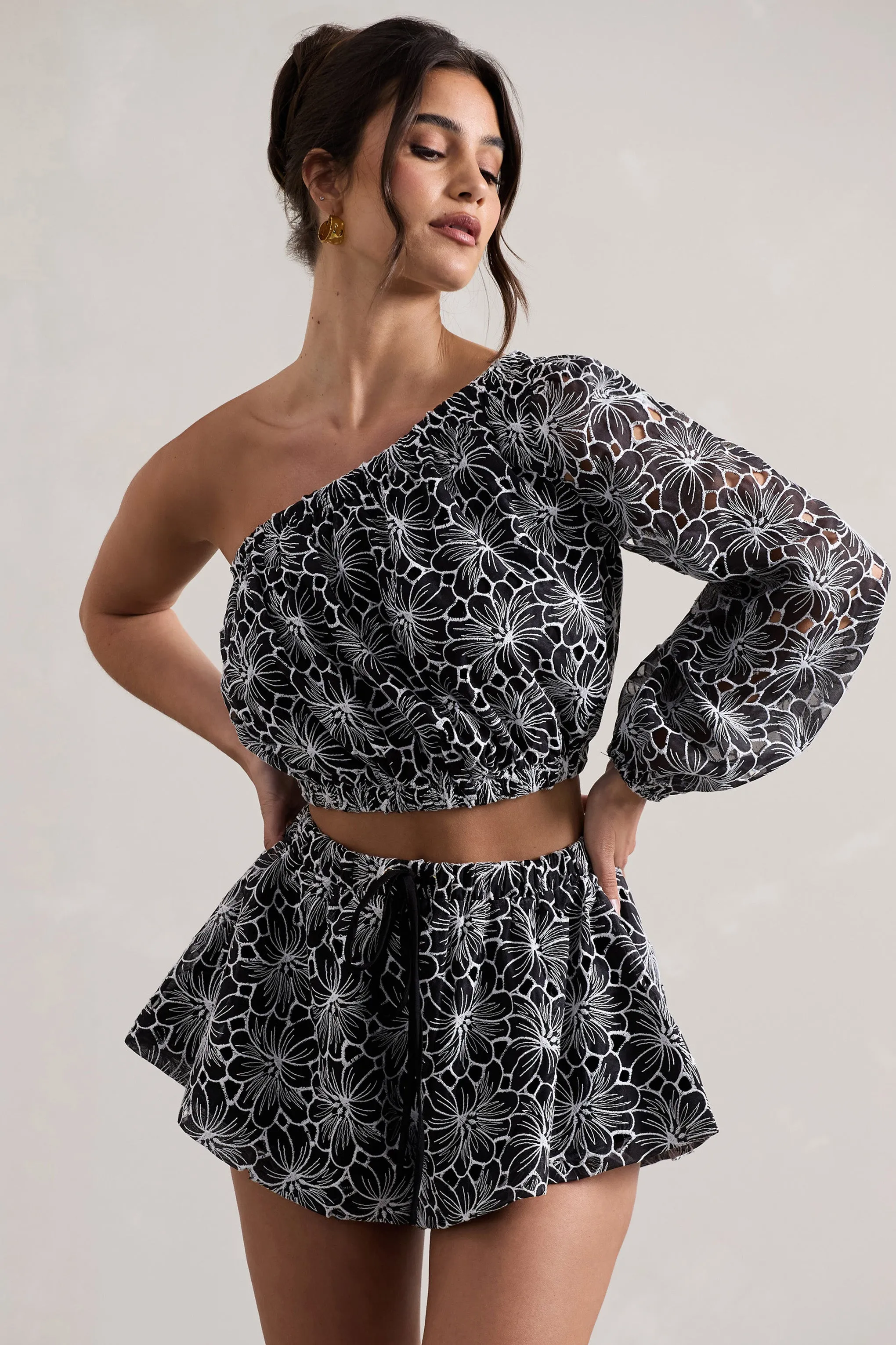 Last Request | Black Lace Asymmetric One-Sleeve Crop-Top Club L London