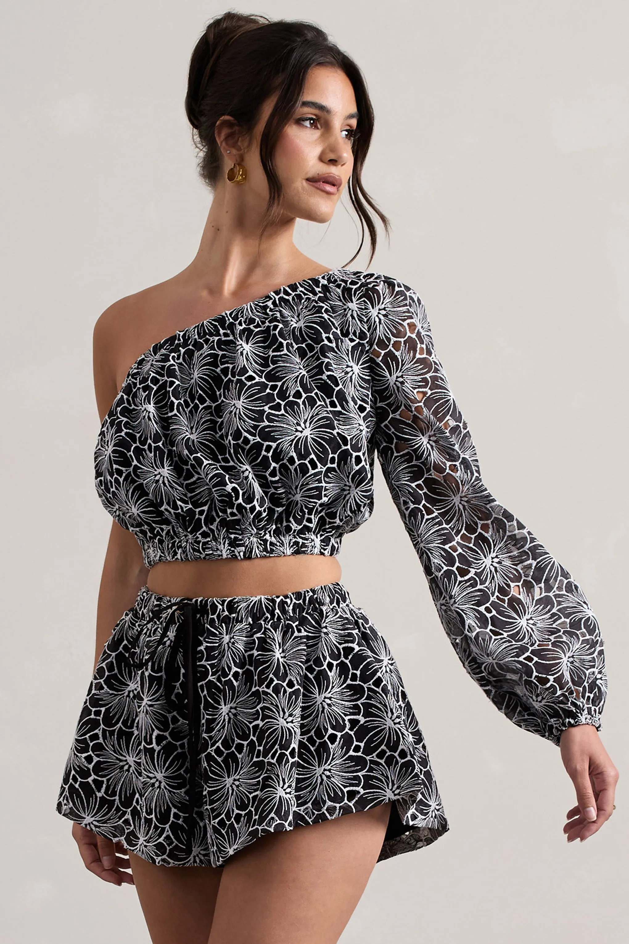 Last Request | Black Lace Asymmetric One-Sleeve Crop-Top Club L London