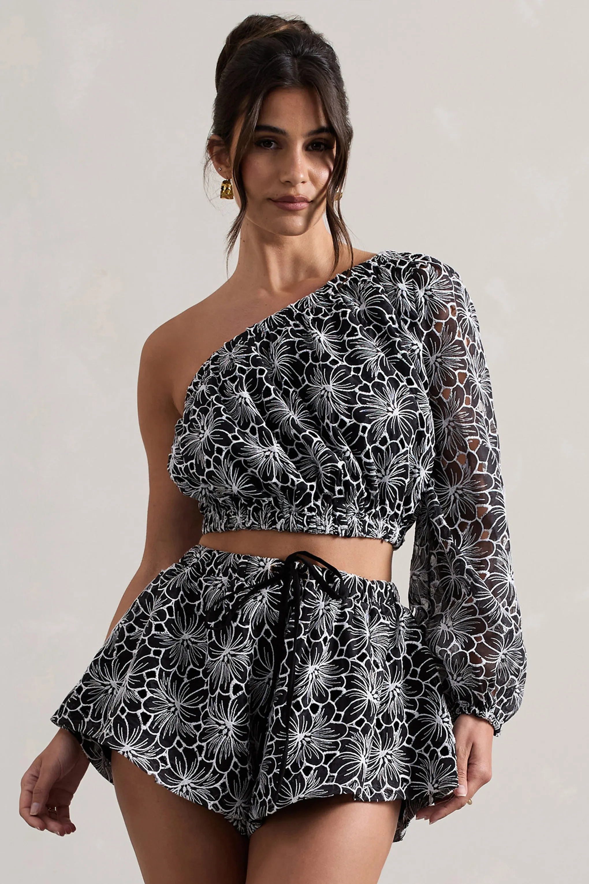 Last Request | Black Lace Asymmetric One-Sleeve Crop-Top Club L London