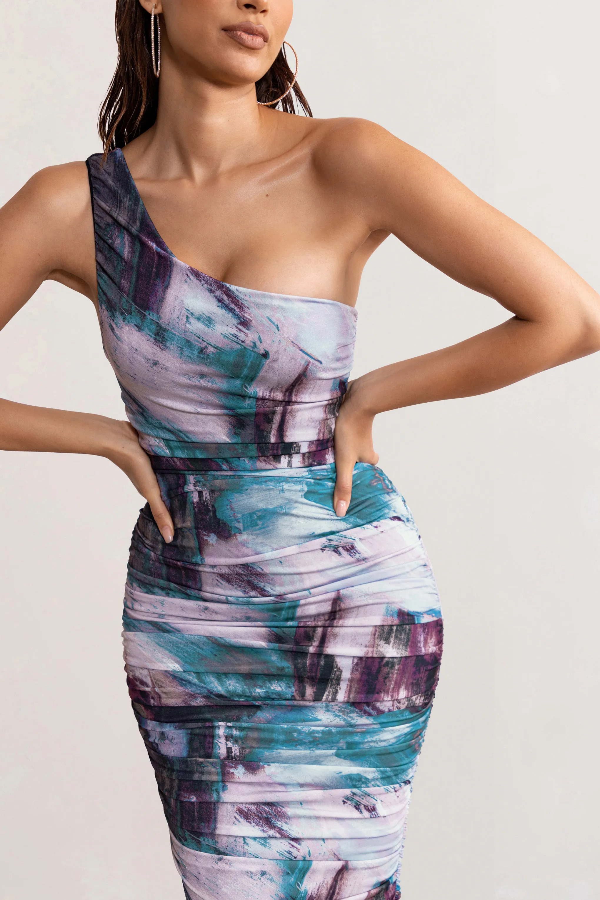 Late Night | Multi Print Asymmetric One Shoulder Ruched Midi Dress Club L London