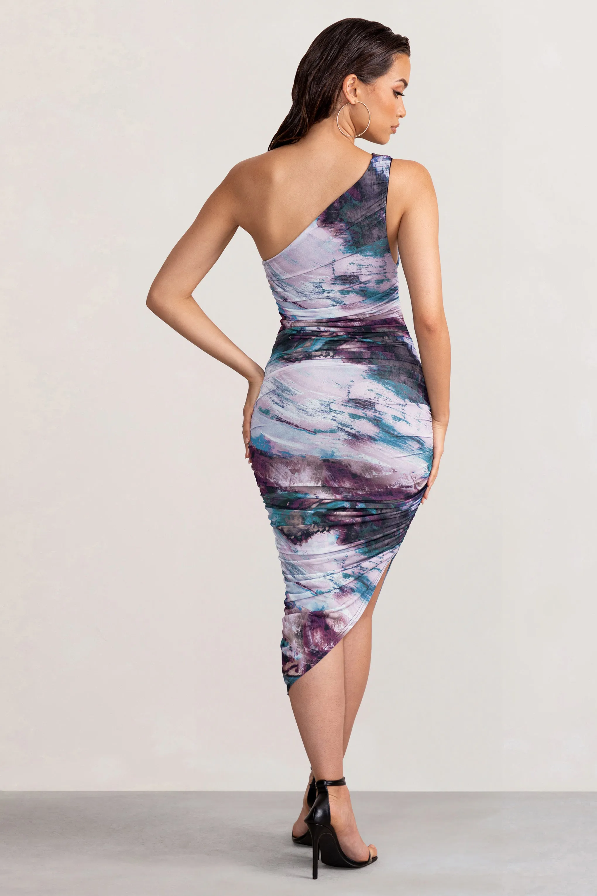 Late Night | Multi Print Asymmetric One Shoulder Ruched Midi Dress Club L London