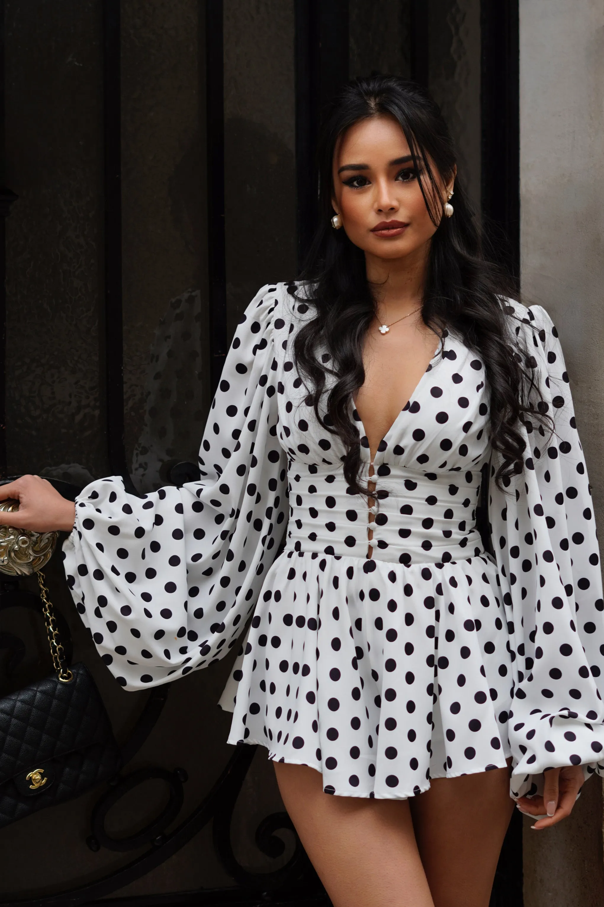 Laurel | White Polka Dot V-Neck Balloon Sleeve Playsuit Club L London