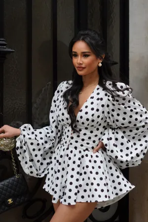 Laurel | White Polka Dot V-Neck Balloon Sleeve Playsuit Club L London