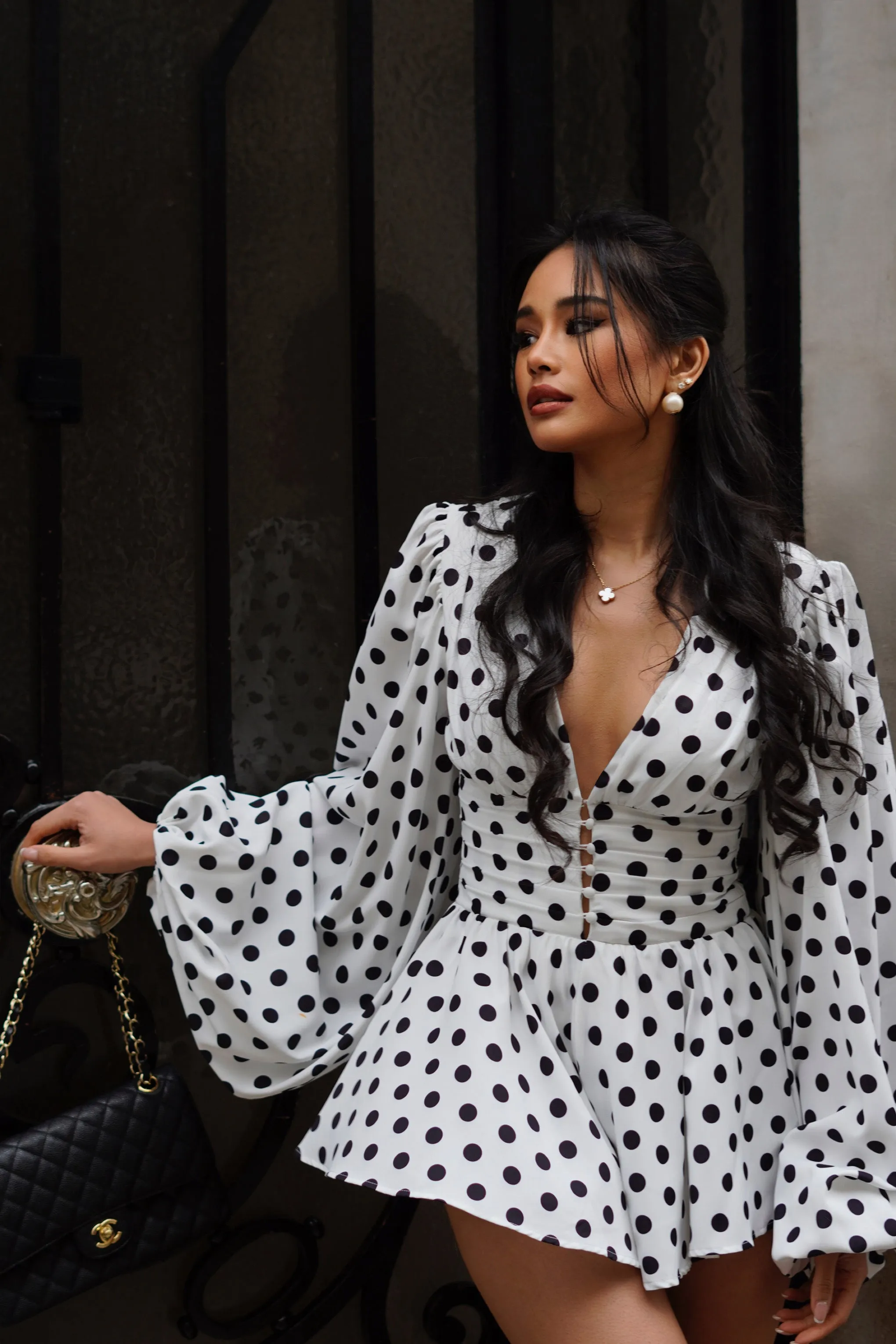 Laurel | White Polka Dot V-Neck Balloon Sleeve Playsuit Club L London