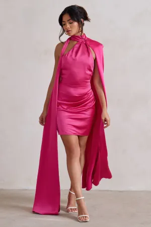 Laurelie | Hot Pink Satin Statement Cape Design Mini Dress Club L London
