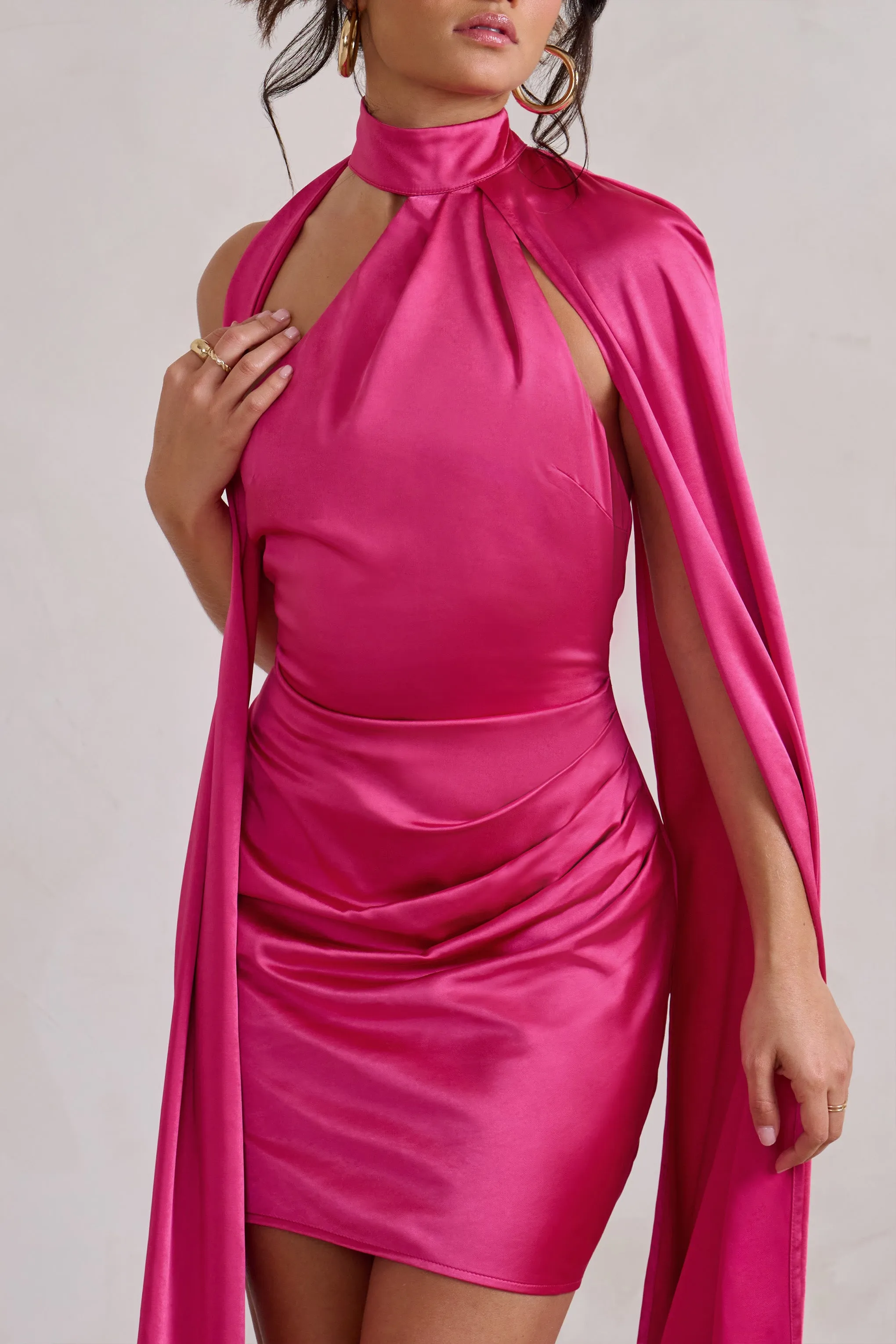 Laurelie | Hot Pink Satin Statement Cape Design Mini Dress Club L London