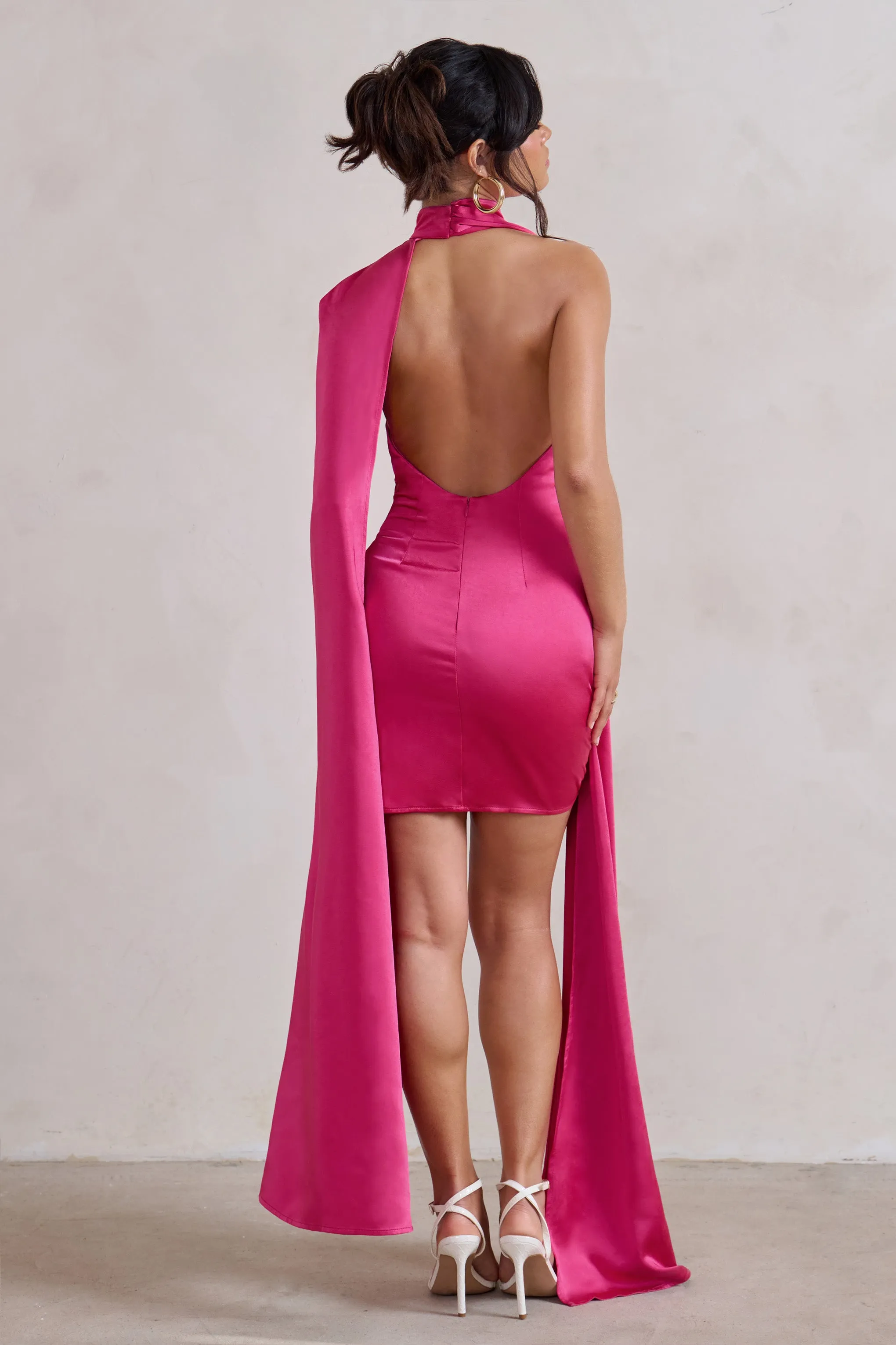 Laurelie | Hot Pink Satin Statement Cape Design Mini Dress Club L London