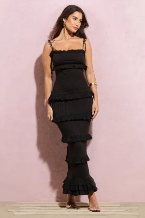 Lauren | Black Broderie Strappy Ruffled Maxi Dress Club L London