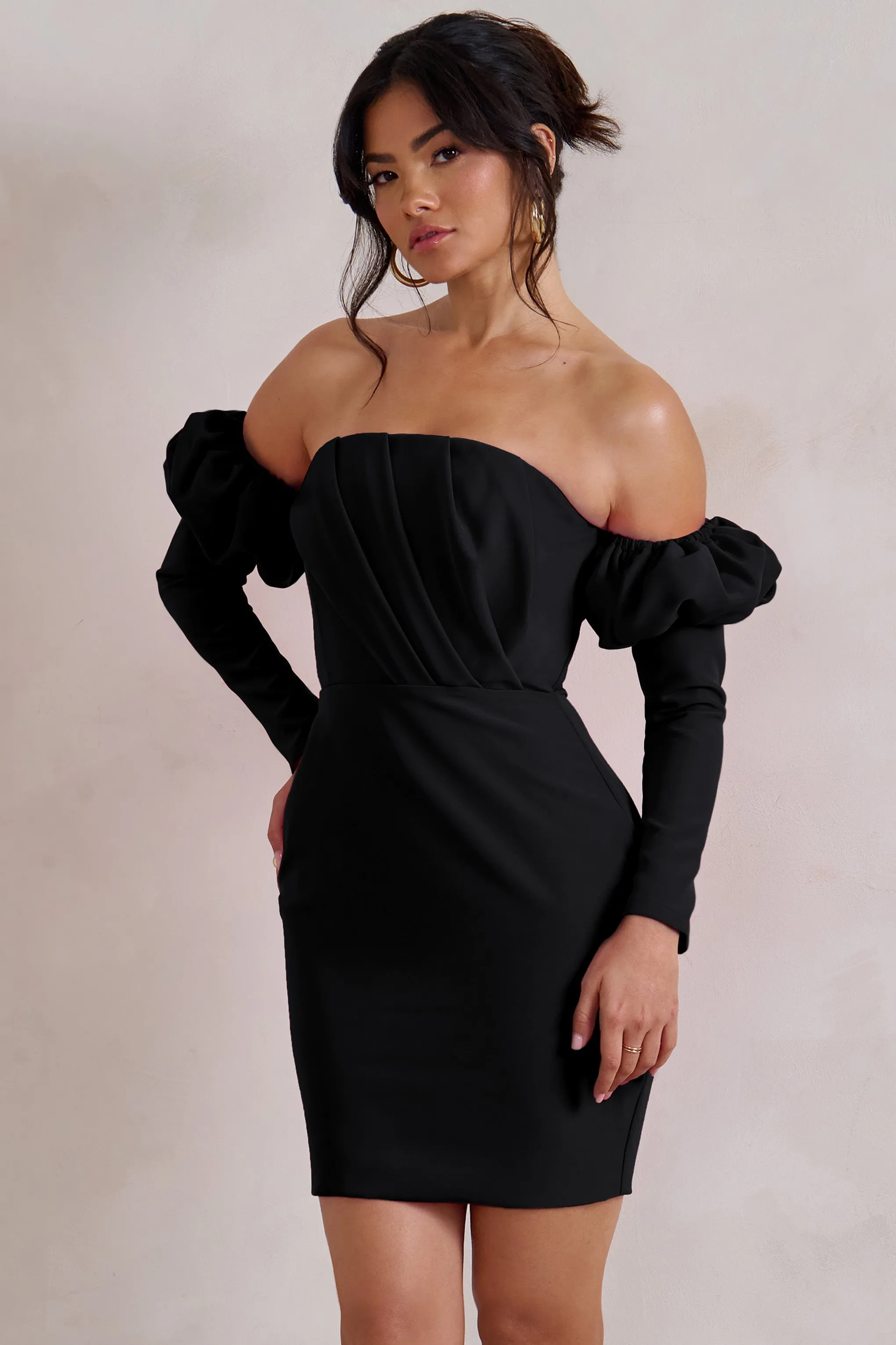 Laurie | Black Bardot Puff  Long Sleeve Mini Dress Club L London