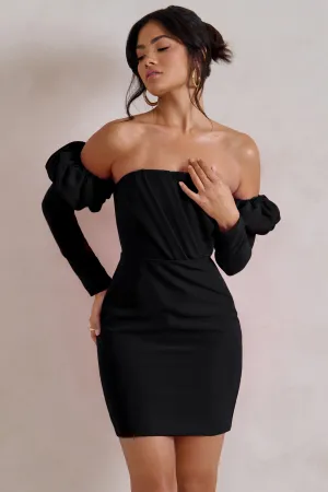 Laurie | Black Bardot Puff  Long Sleeve Mini Dress Club L London